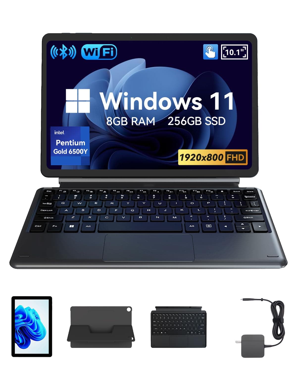 BNCF NewBook 10 10.1 inch 2-in-1 Laptop Tablet PC, Win 11 Compatible with Intel Pentium Gold 6500Y, 8GB RAM 256GB SSD, 1920x800 FHD Touchscreen, Micro HDMI/USB-C 3.2 with Magnetic Keyboard & Stand