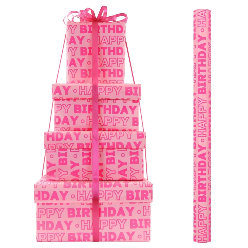 Birthday Wrapping Paper Rolls, Pink Happy Birthday Design with Cut Lines, Mini Roll 43 x 300cm, Gift Wrap for Girls, Kids, Women, Birthdays, Holidays, Parties (Pink)
