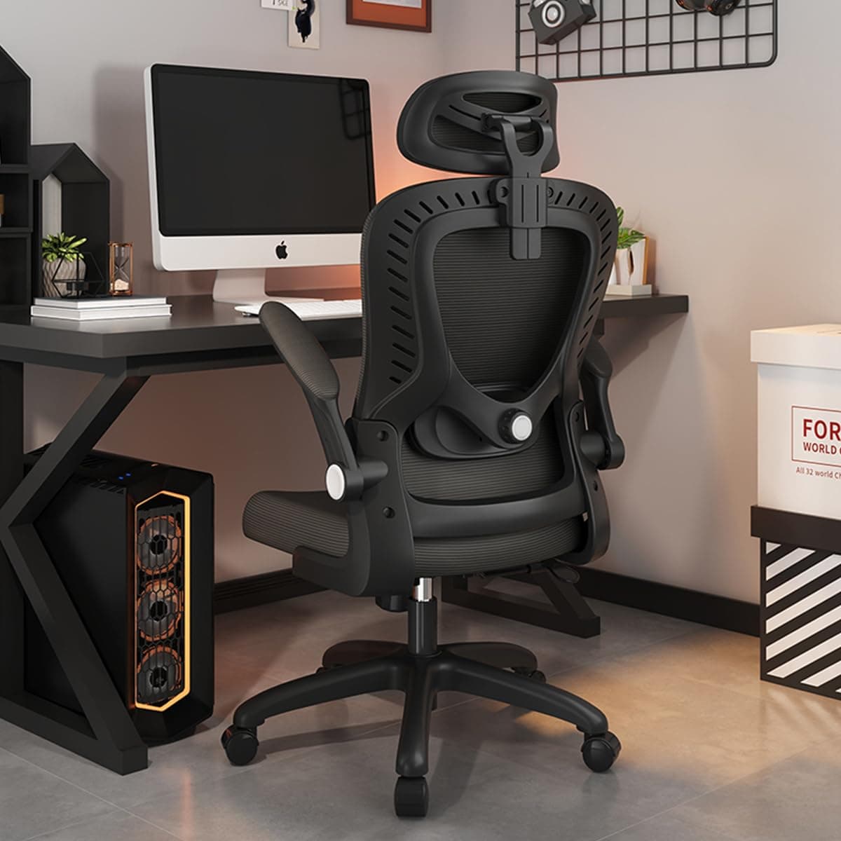 Ergonomic Office Chair, Mesh Office Chair with 3D Headrest, High Back Office Chair with Coat Hanger, Tilt Function, Lumbar Support Office Chair for Home Office (MS-D1-Black)