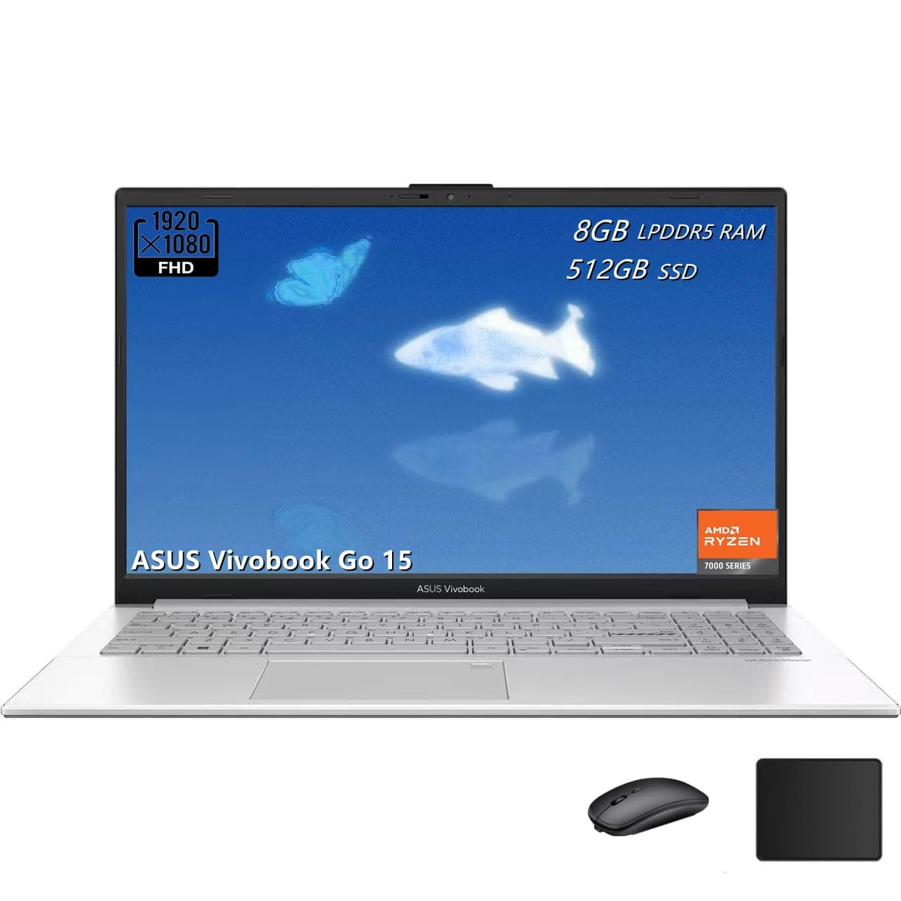 ASUS Vivobook Go 15 Laptop, 15.6" FHD Display, AMD Ryzen 5 7520U, AMD Radeon Graphics, 8GB LPDDR5 RAM, 512GB SSD, Windows 11 Home, Webcam Privacy Shutter, Cool Silver, TWE Accessories
