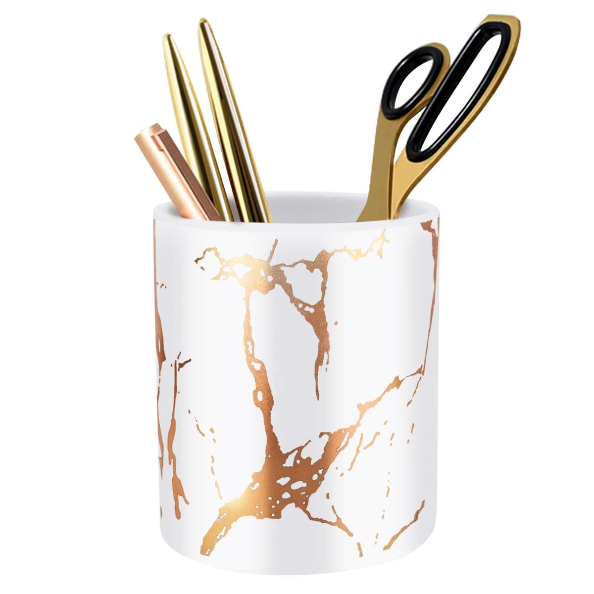 Gold Pencil Holder, Decorative Pens Holder for Desk, Makeup Brushes Organizer for Table, Cute Ceramic Desktop Accessories Pencils Crayons Cup Sturdy, Fashion Room Office Supplies,White02