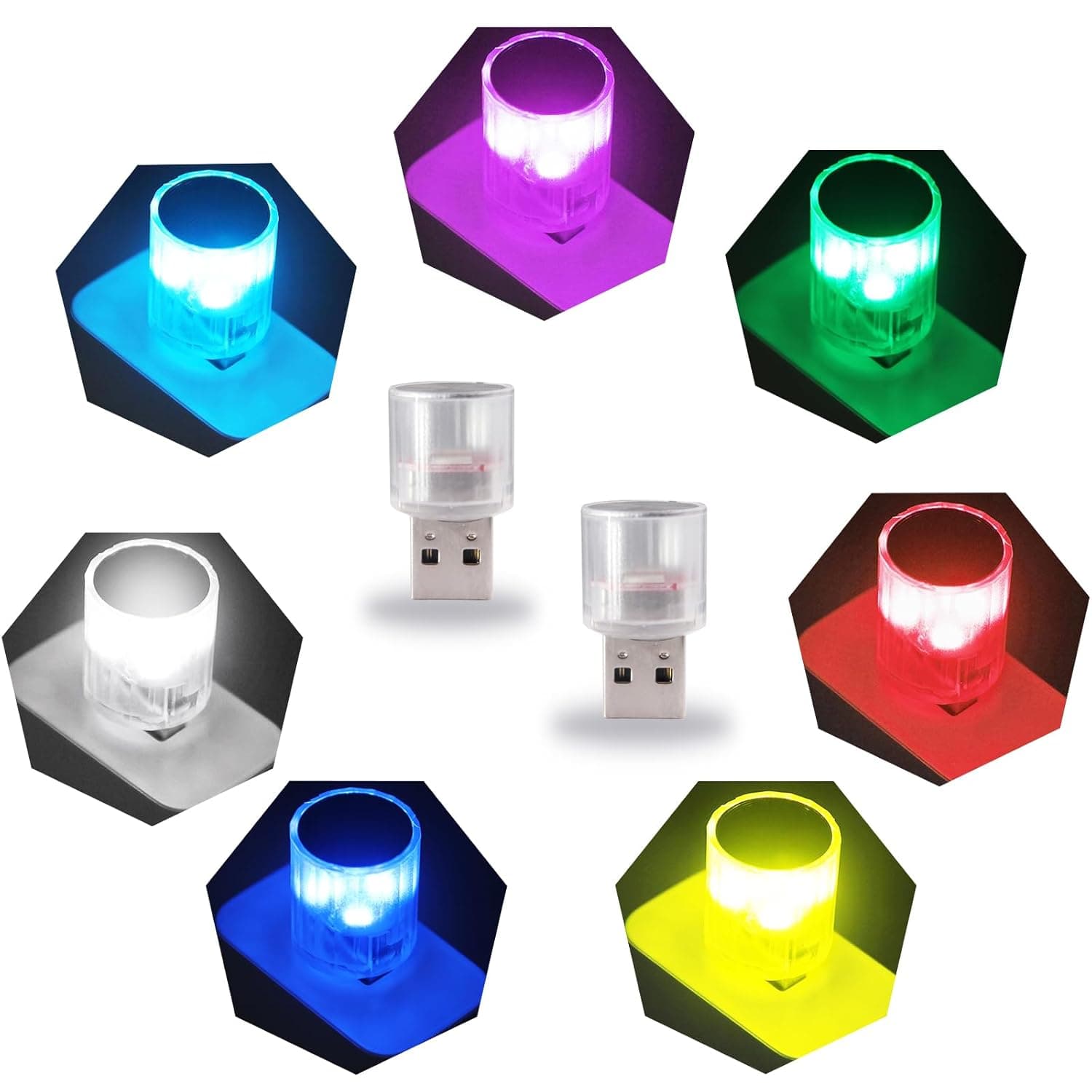 مصابيح LED داخلية للسيارة، مصابيح ليلية USB صغيرة متعددة الالوان لتزيين السيارة، مصابيح LED عالمية للاجواء الداخلية للسيارة من قطعتين