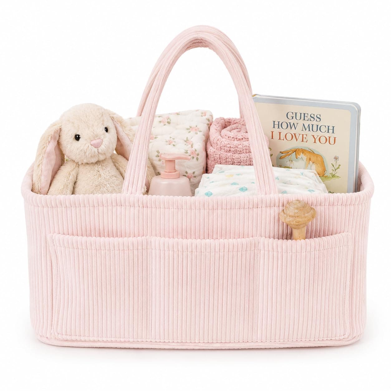 Diaper Caddy Organizer, Premium Baby Pink Corduroy Nursery Storage Basket with Removable Dividers & Handles, Portable Organizer for Diapers, Essentials, Baby Registry & Shower Gift