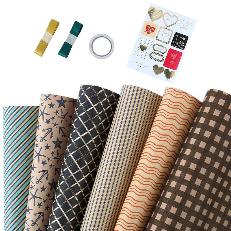 ALMEKAQUZ 6Pcs Gift Wrapping Paper Set, 50x70 cm Kraft & Brown Wrapping Sheets with Stickers, Tape & Hemp String, Elegant & Versatile for Eid, Weddings, Graduations & All Celebrations