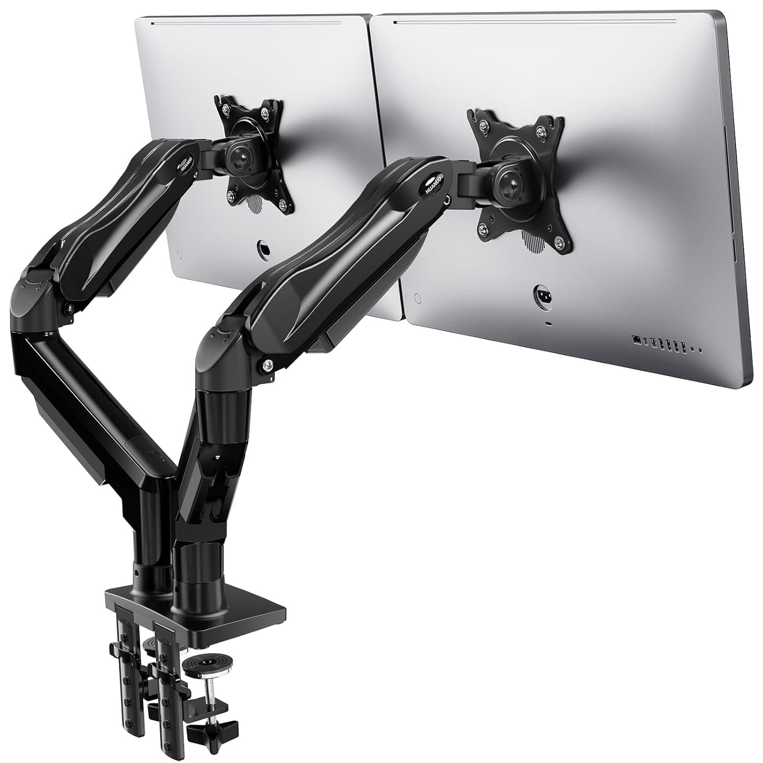 HUANUO Dual Monitor Arm - Full Adjustable MGas Spring Double Monitor Mount with C Clamp, Grommet Mounting Base for 13 to 32 Inch Screens - Each Arm Holds 4.4 to 19.8lbs - HNDS6