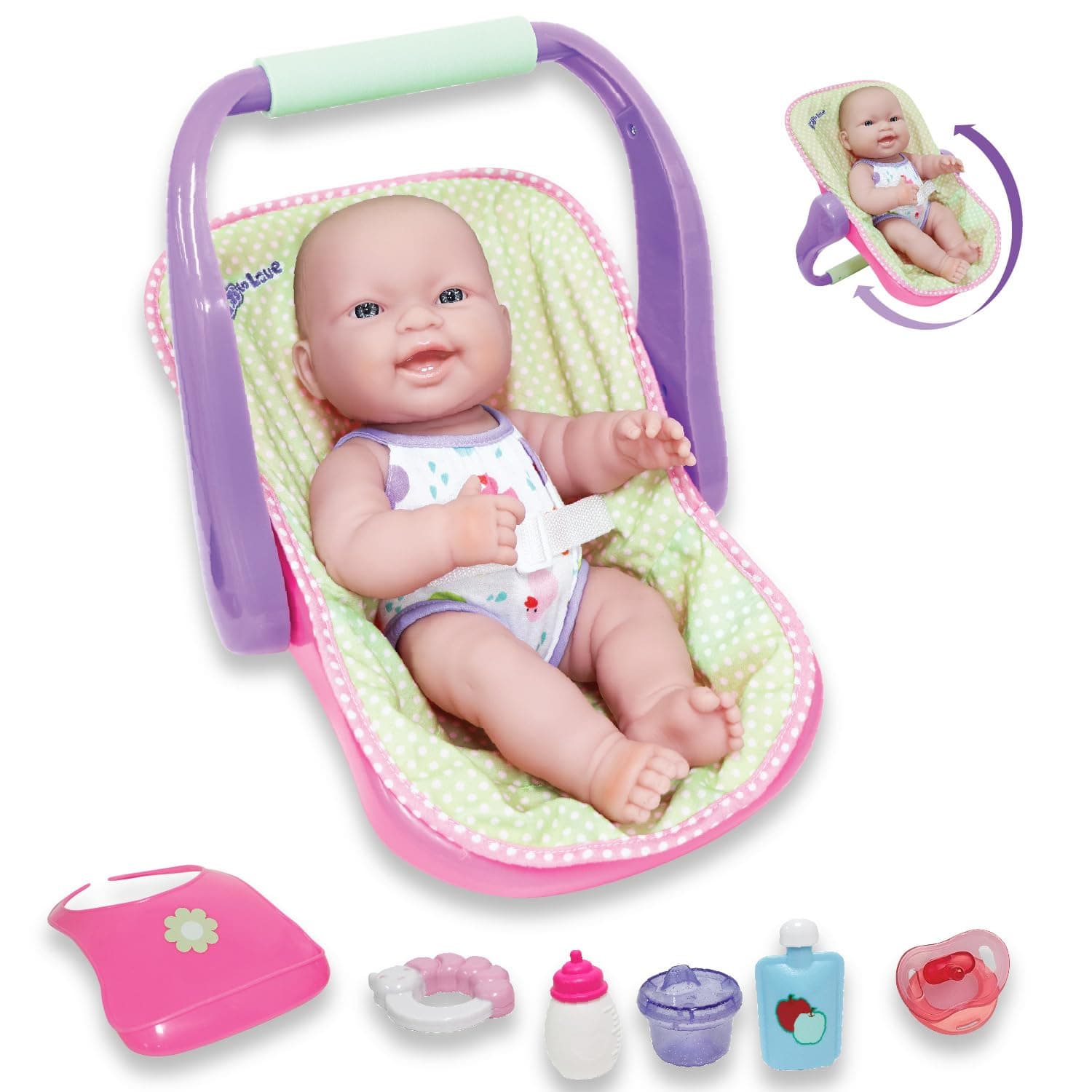 JC TOYS 14” Lots to Love Baby Doll with Adjustable Car Seat Carrier – Poseable Vinyl Baby Doll Set, Feeding Seat, Rocker & Carrier for Toddlers Ages 2+