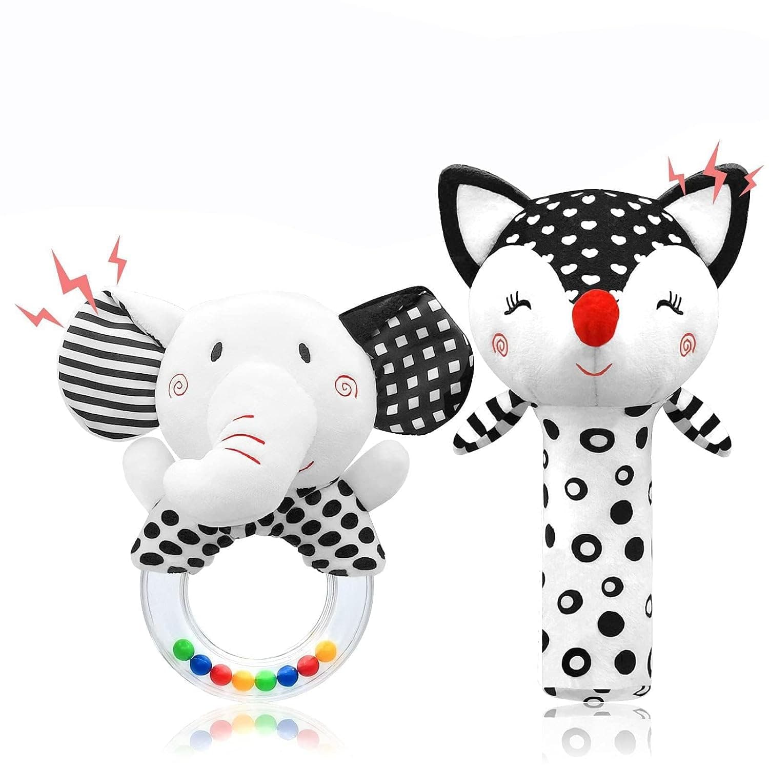 Joyzzz Baby Rattles, 2 Pack Soft Plush Animal Shaker Toys, High Contrast Black and White Design, Early Educational Developmental Sensory Stuffed Rattle, Great Gift for Newborn Infants 0-12 Months
