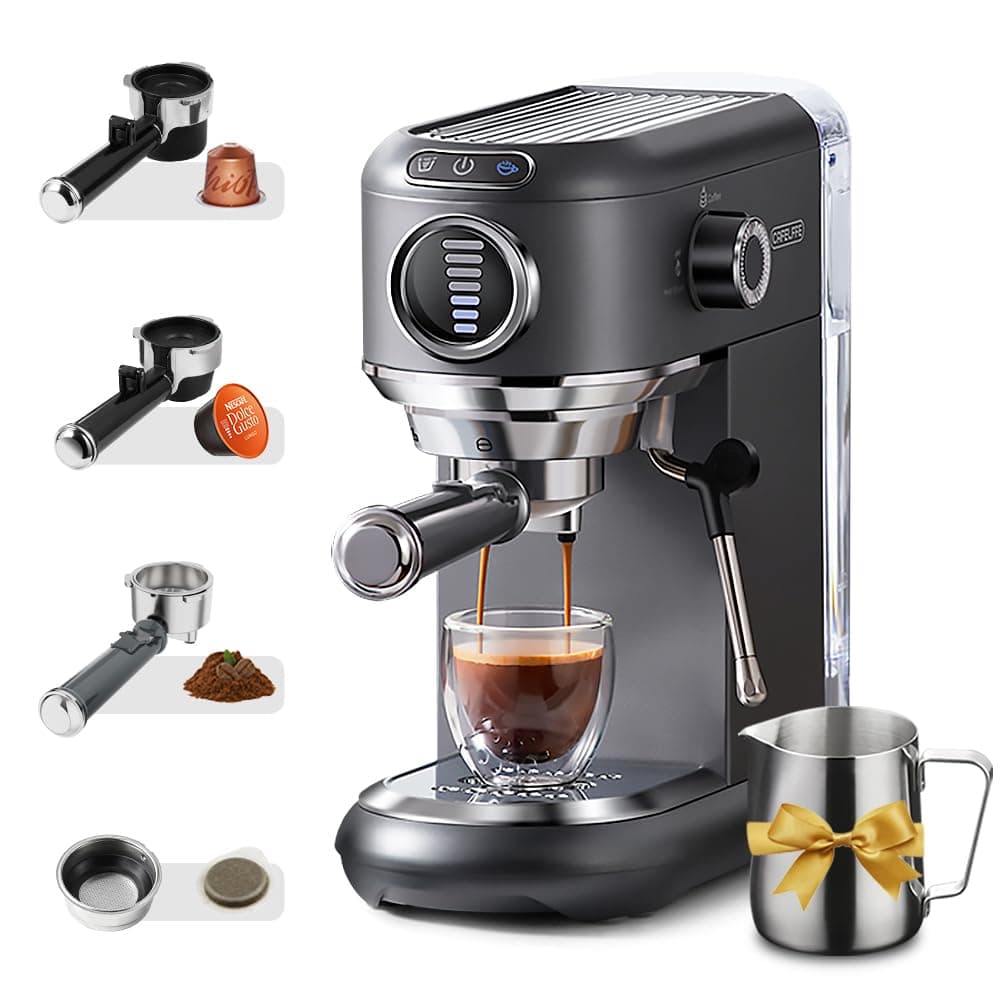 4In1 Espresso Machine with Milk Frother, 19 Bar Coffee Machine Cappuccino Machine with Visual 7 Level Coffee Volume Adjustable For Nes* & DG* Capsule And Powder 1450W Grey