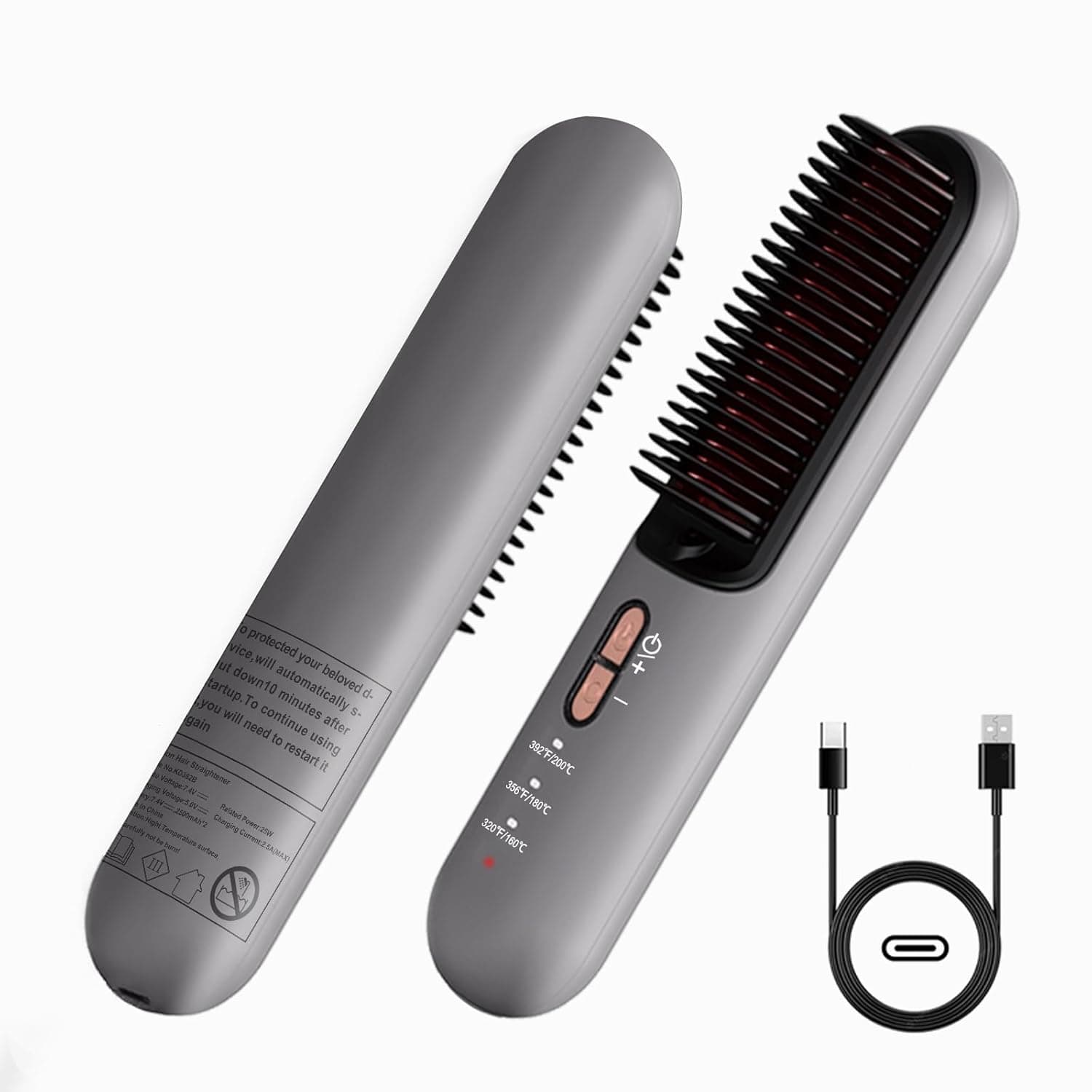 فرشاة فرد الشعر اللاسلكية المحمولة المطورة للنساء بحجم مناسب للسفر مشط 2 في 1 بالأيونات السالبة قابل لاعادة الشحن من النوع C، رمادي، سيراميك