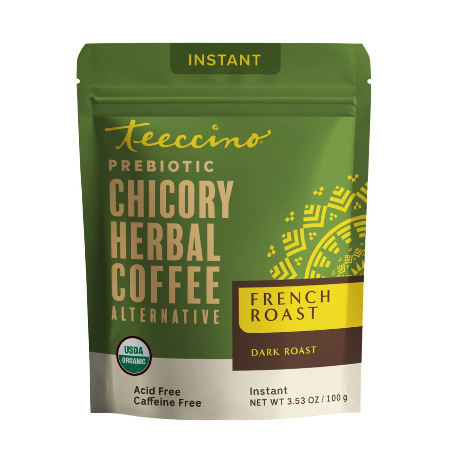 Teeccino, Instant Prebiotic Chicory Herbal Coffee Alternative, French Roast, Dark, Caffeine Free, 3.53 oz (100 g)