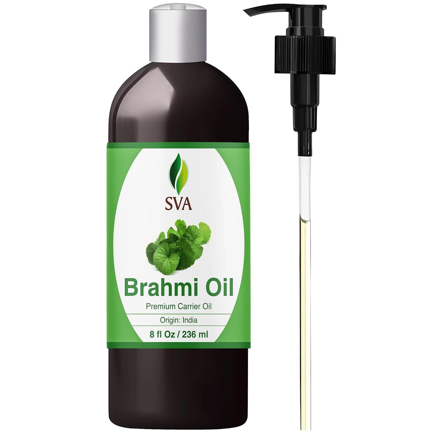 SVA ORGANICS Brahmi Oil - 8 Fl Oz – 100% Natural Cold Pressed Brahmi Oil - for Face, Skin Care, Hair Care, Scalp Massage & Body Massage – Carrier Oil with Pump