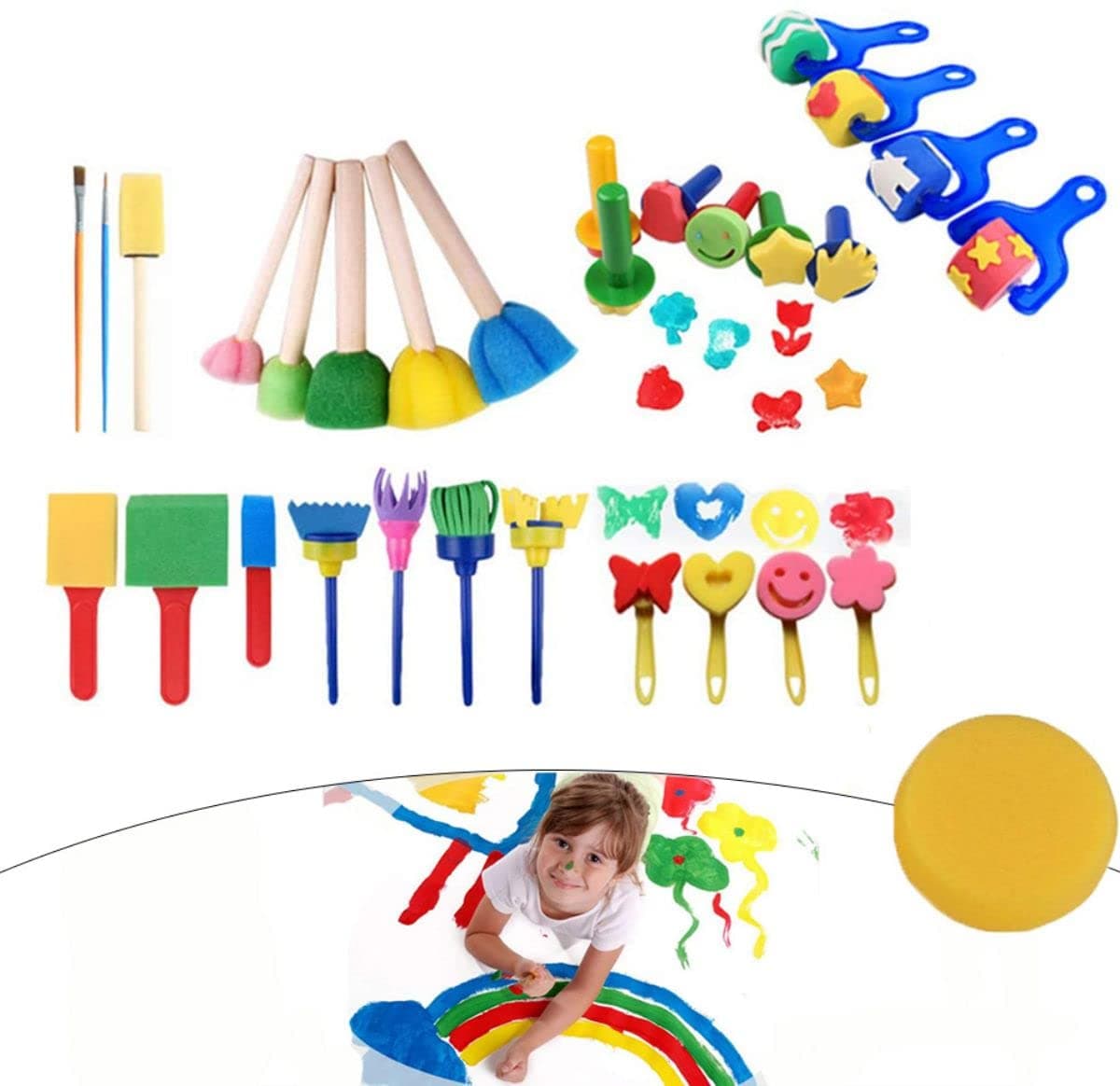 Kids Paint Sponges,Paint Sponges for Kids, Kids Paintbrushes Sponge KitsEarly Learning Kids Toddlers Paint Brushes Sponge Stamps Foam Art Craft Drawing Tools, Kids DIY Learning Painting Sets(30 Pack)
