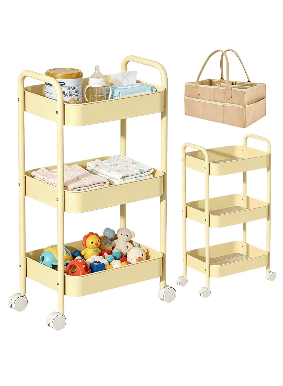 2-in-1 Baby Diaper Cart & Nursery Organizer, 3-Tier Mobile Utility Cart, Detachable Diaper Caddy Organizer, Metal Rolling Trolley Cart, Large Storage for Baby Essentials (Beige)