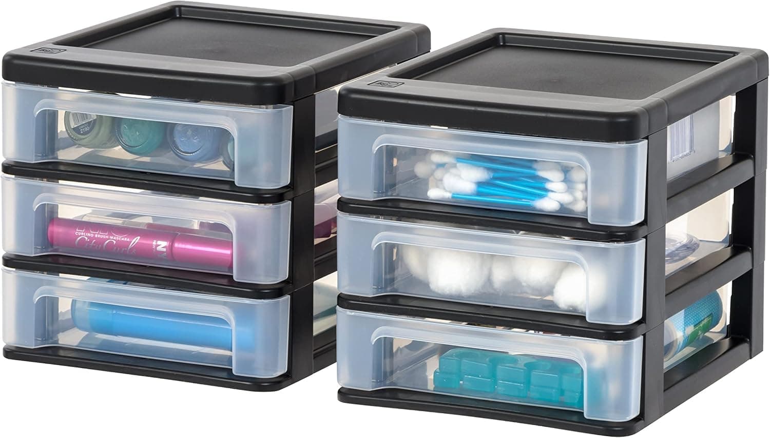 Iris Ohyama USA Plastic 3-Drawer Desktop Organizer for Office, Files, & Supplies, Small, Black, 2 Pack
