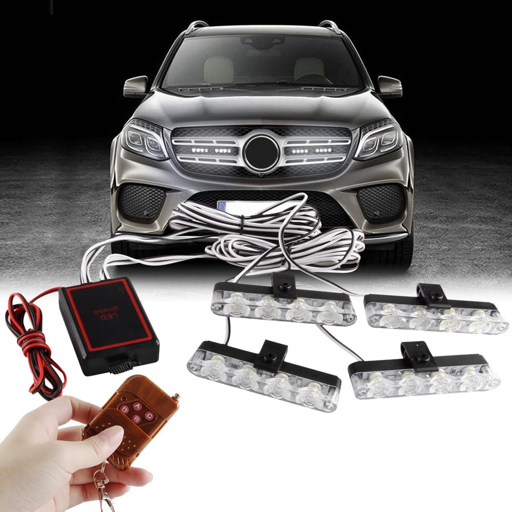 4 in 1 White Hideaway LED Flash Lights 12V with 16 Flashing Patterns Wireless Remote Control Grill Lights for Vehicles Car, Truck, Van, SUV