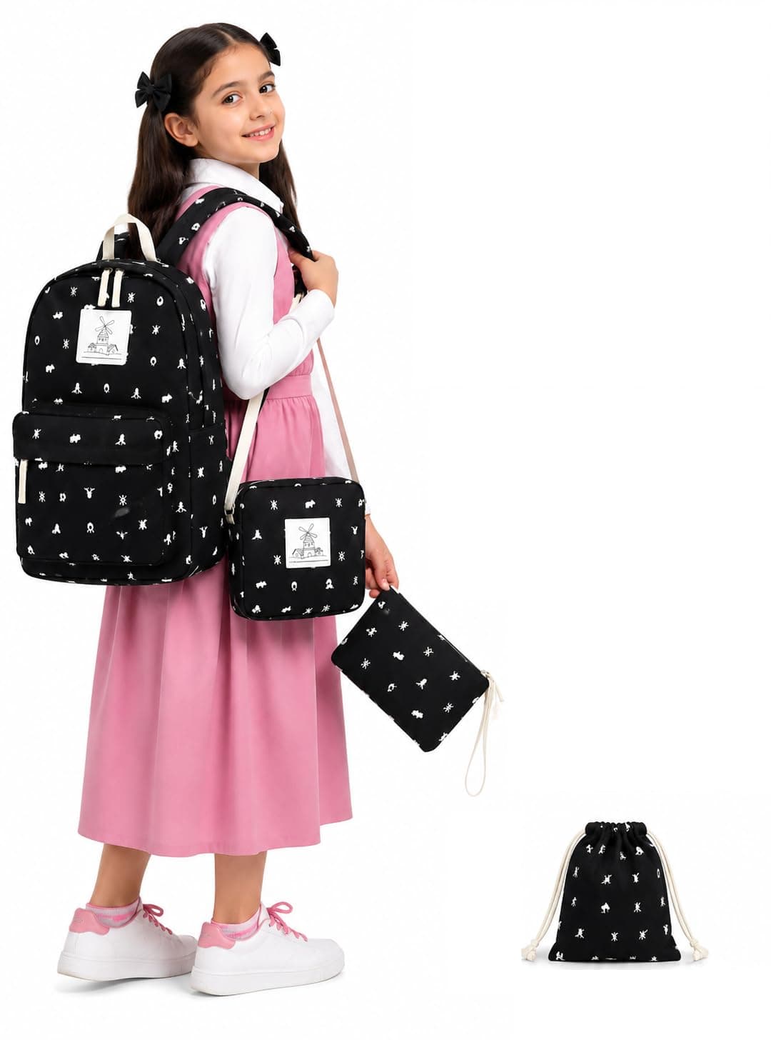 Backpack Girls' School Bag Set – with Shoulder Bag, Pencil Case, and Drawstring Pouch –Suitable for Elementary and Middle School Students–Back to School Essentials for Girls