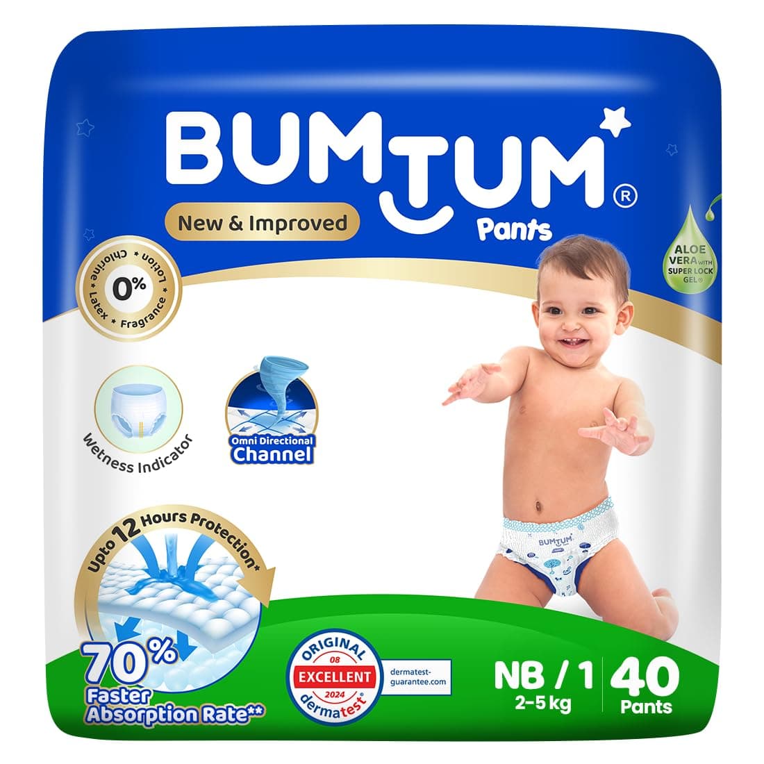 Bumtum Baby Diaper Pants, Newborn (Size 1), 2-5 kg, Double Layer Leakage Protection Infused With Aloe Vera, Cottony Soft High Absorb Technology, 40 Diaper