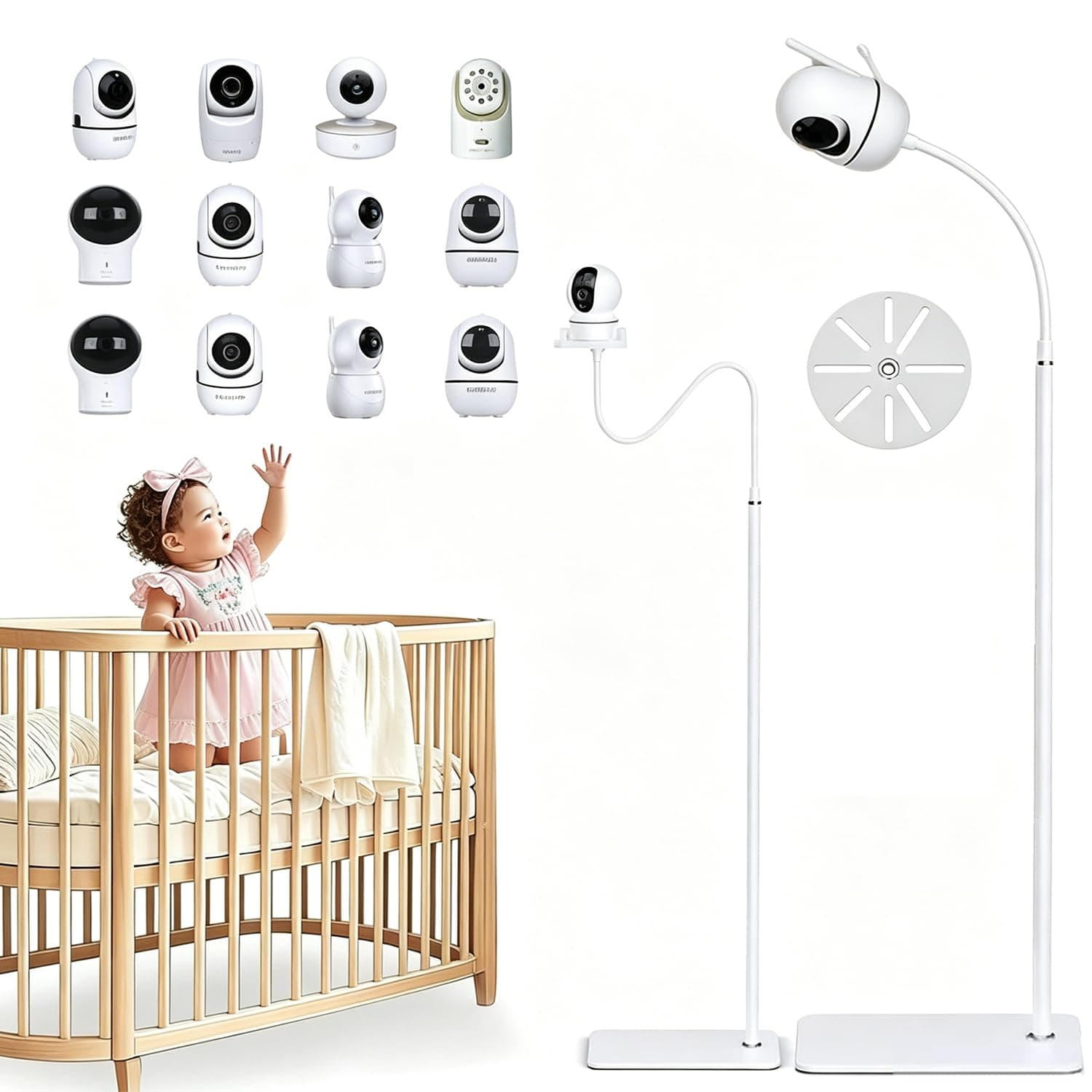 BOOM 170cm Adjustable Baby Monitor Floor Stand with Flexible Gooseneck - Heavy Duty Metal Camera Stand with Anti-Slip Base, Universal Compatibility for HelloBaby, Nanit Pro, Tapo, Kasa & Most 1/4" Thr