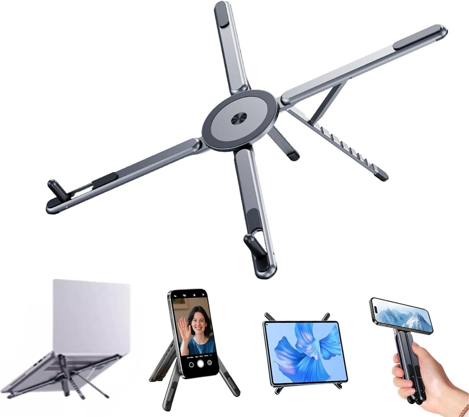 Magnetic Tablet Holder Adjustable Stand for Desk, Foldable Aluminum iPad & Tablet Stand with Mobile Phone Holder, Ergonomic Attachable Stand Compatible with iPad, MacBook, Tablets & Smartphones.
