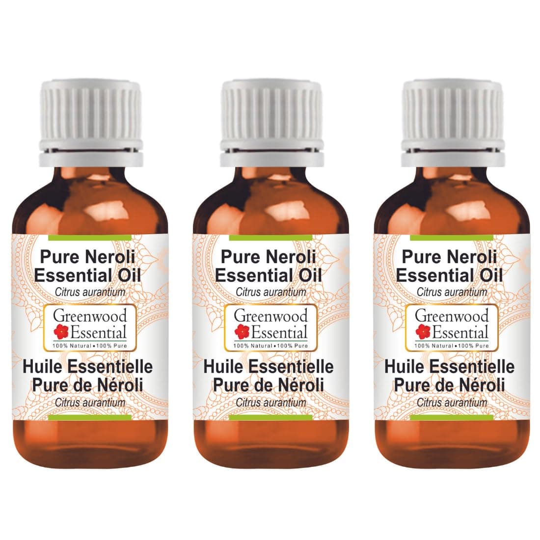 Greenwood Essential Pure Neroli Essential Oil (Citrus aurantium) Steam Distilled (Pack of Three) 100ml X 3 (10 oz)