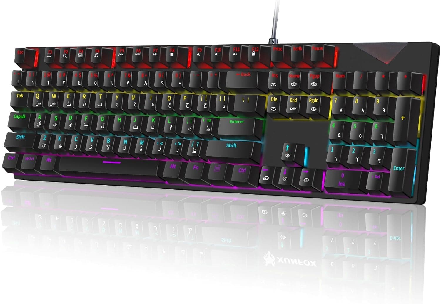 كيبورد العاب ميكانيكية باللغة الانجليزية والعربية مع اضاءة خلفية LED من الاسامكو 104 مفتاح سريع الاستجابة واجهة USB سلكية للرياضات الالكترونية مقاومة للماء لاجهزة ويندوز / MacOS Android - اسود