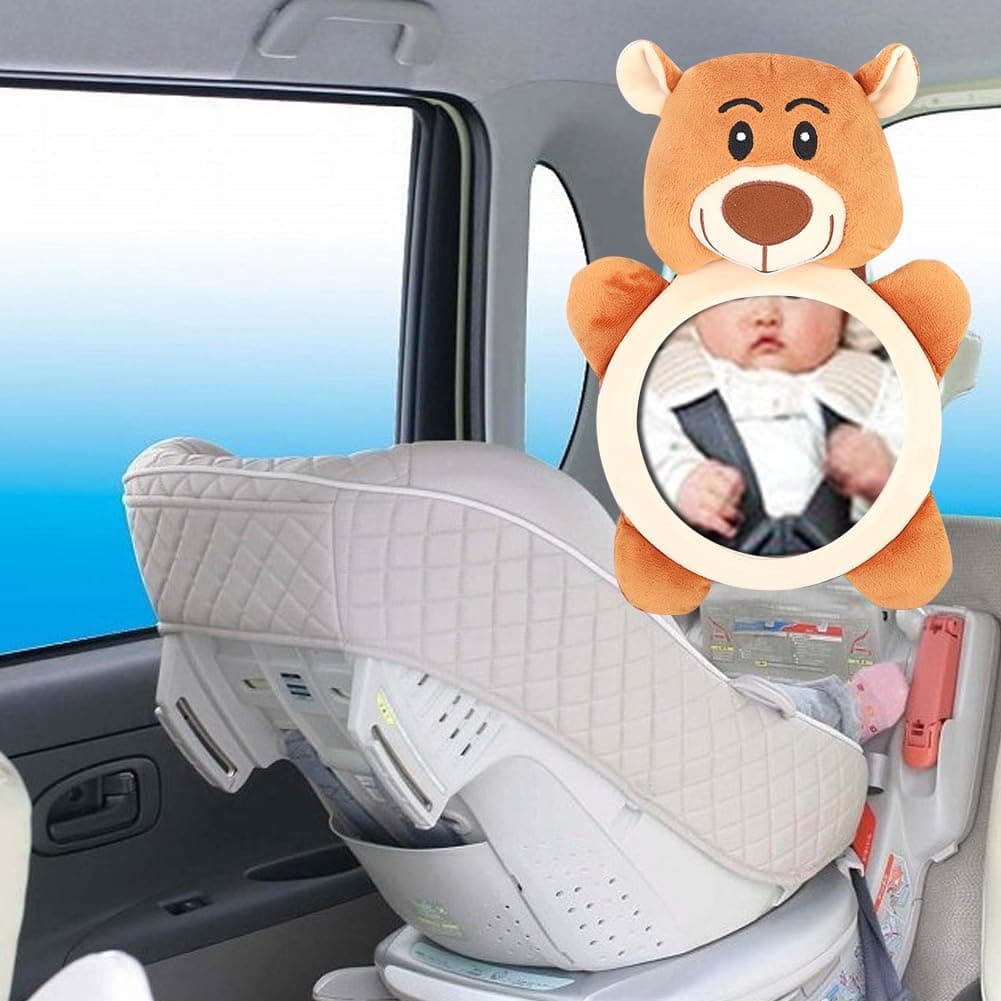 Hidyliu Soft Plush Rear Seat Mirror for Babies - Cute Animal Design, Ideal Safety Rear View for Toddlers, Easy Installation for Most Cars (Brown Bear Mirror)