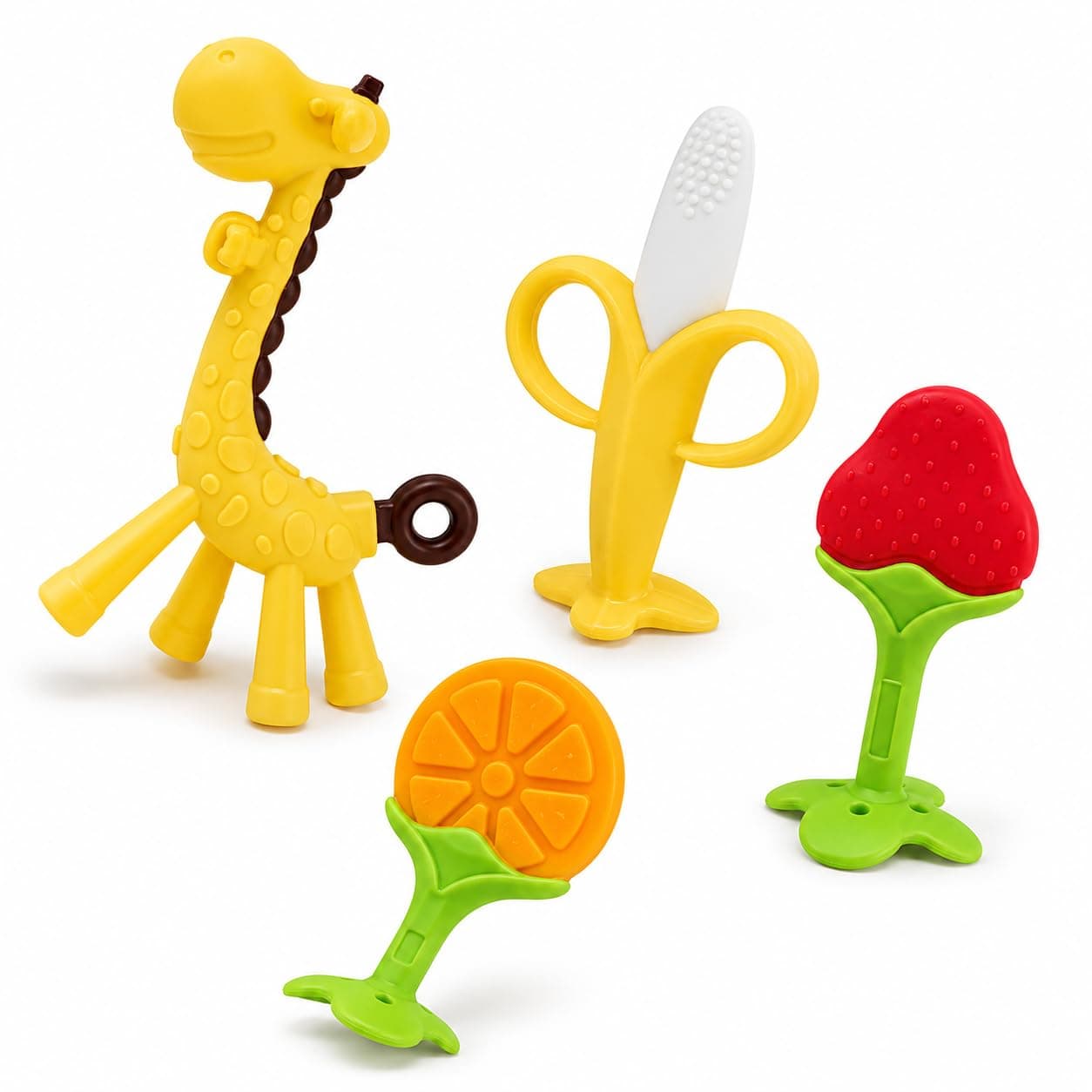 Silicone Baby Teether Set, 4-Piece BPA-Free Food Grade Silicone Teething Set, Soft Textured Teethers with Easy Grip Design for Babies 6+ Months