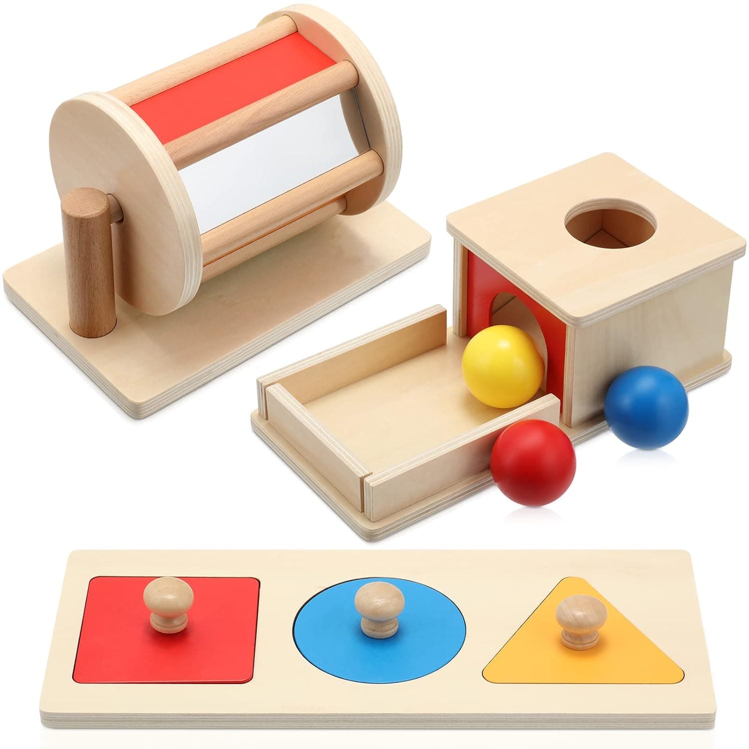 Sratte 3 Pcs Wooden Baby Toys Set, Object Permanence Box, Rainbow Drum, Colorful Multiple Shape Puzzles, Preschool Toys for 6-12 Month Infant to 3 Year Old Toddlers