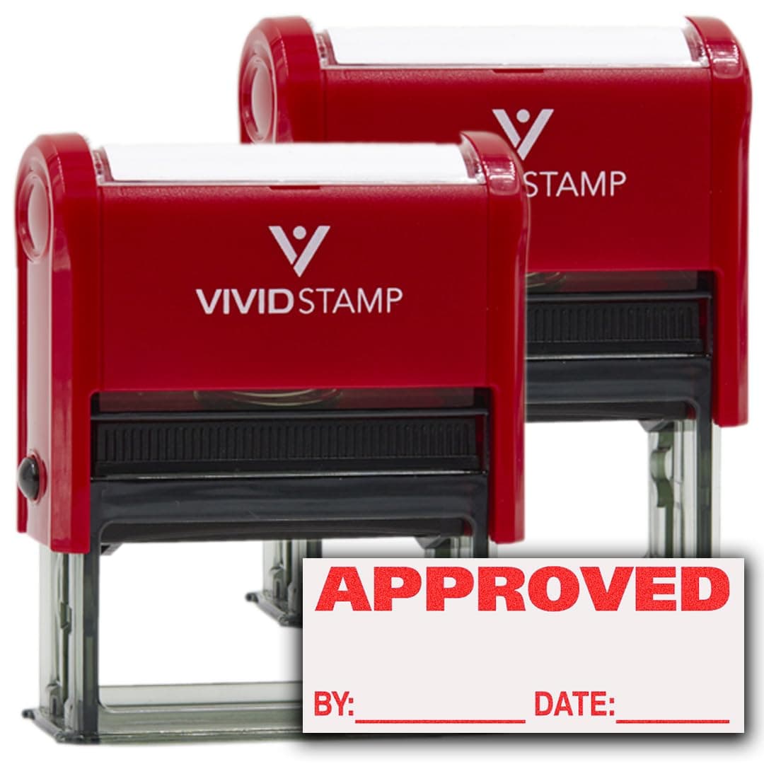 Approved w/by Date Line Self-Inking Office Rubber Stamp (Red) - Medium 2 Pack
