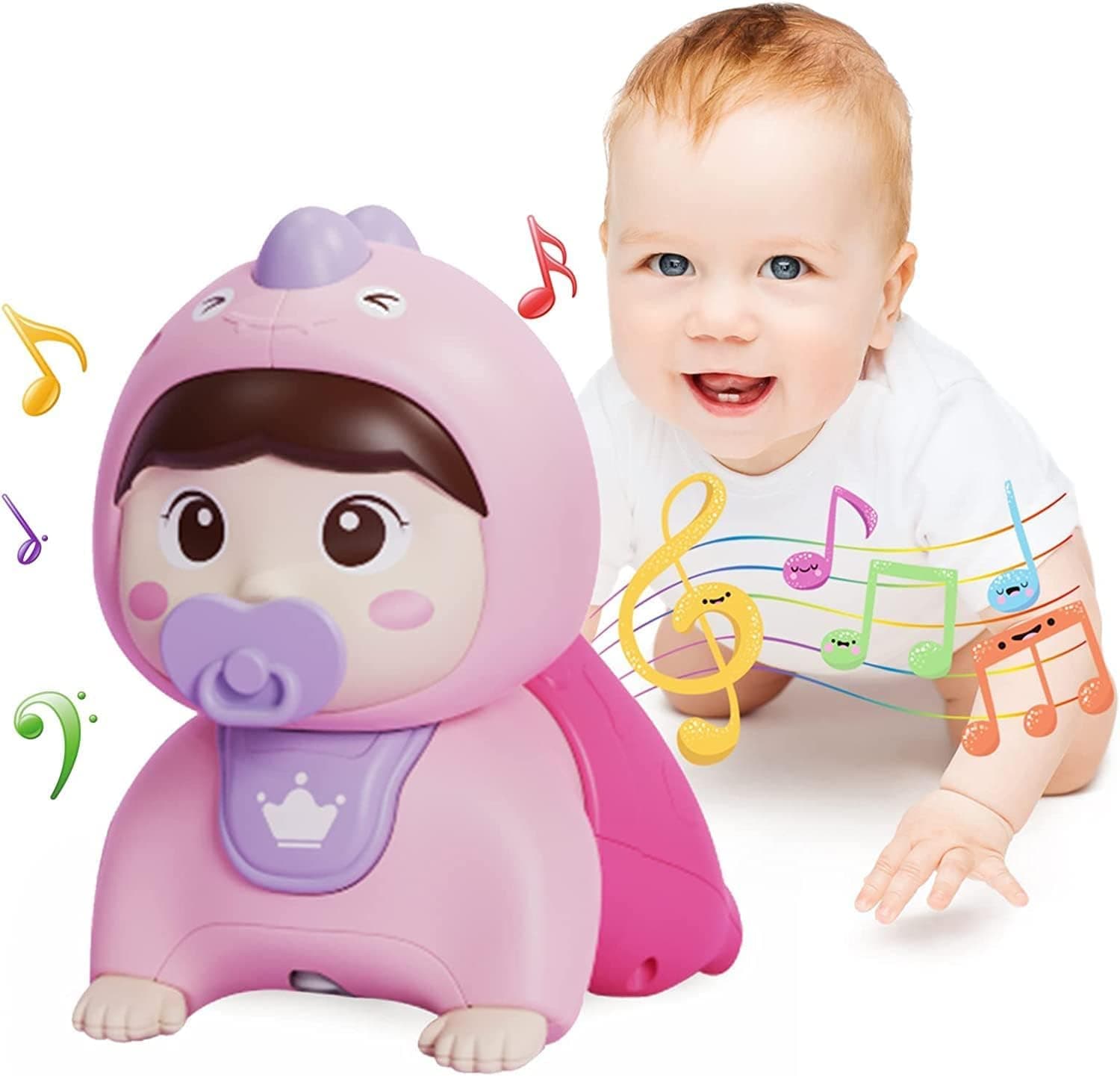 Huanger Baby Crawling Toys, Musical Light up Crawling Toys for Babies 6-9-12 Months and UP, Crawling Baby Toys with Music and Light Up LED (Baby Pink)