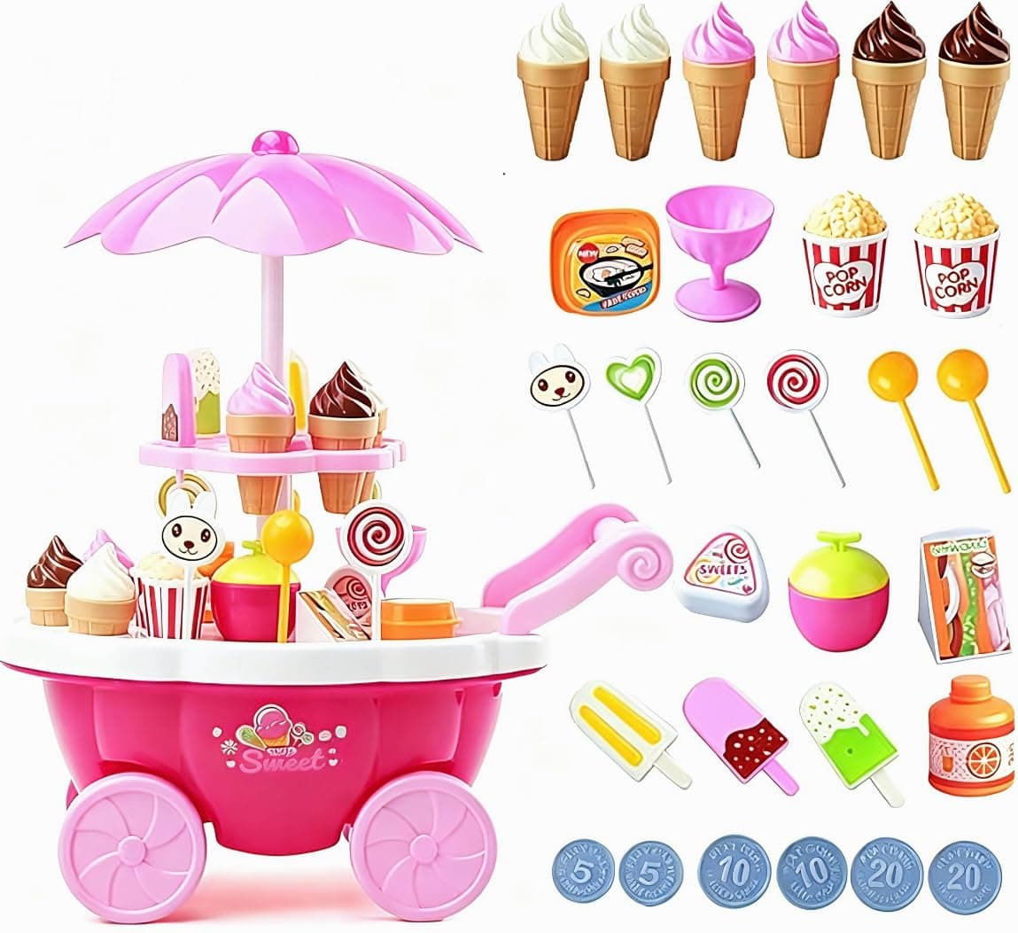 SooFam Ice Cream Toy Play Set Lights Music, Pretend Play Dessert Cart Push Walker for Toddlers 1-3, 39Pcs Cones Popsicles Popcorn, Storage Base Rolling Wheels, Gift for 2-4 Year Old Girls Boys