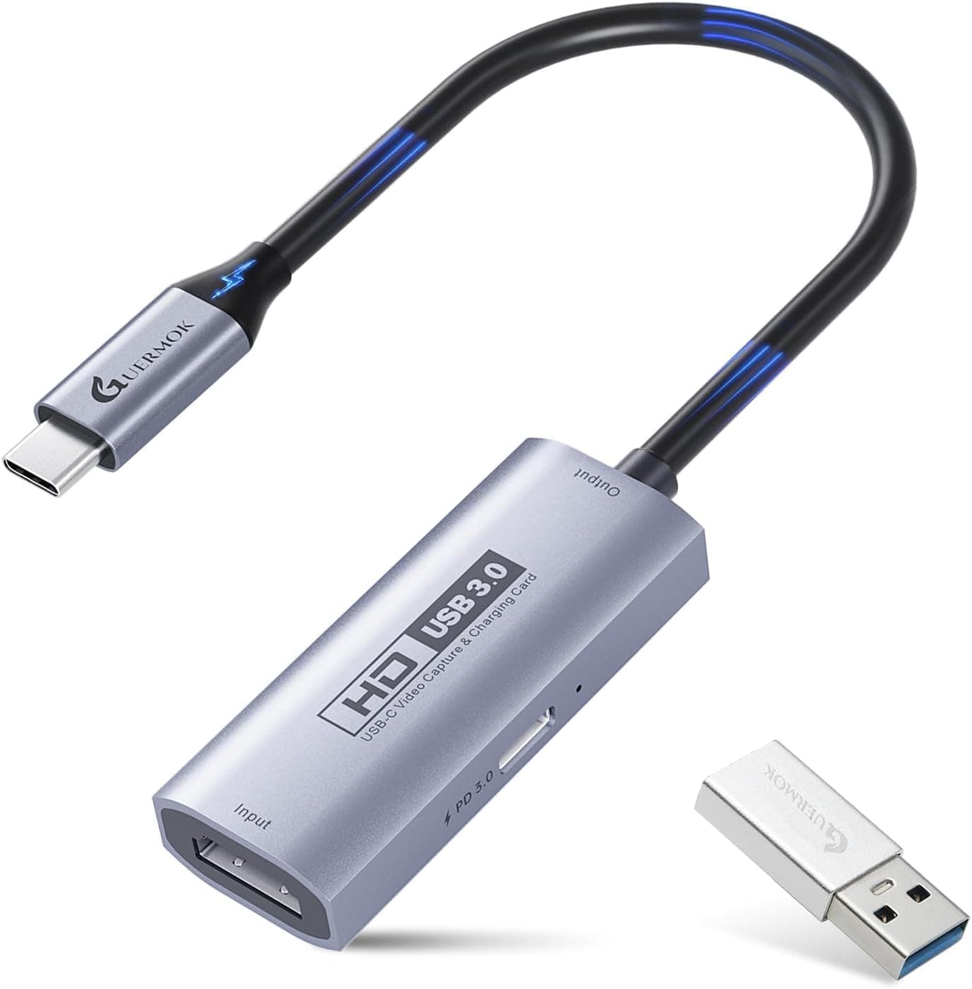 جيرموك بطاقة تسجيل فيديو USB 3.0 مع 100 واط بي دي، 1080P @60FPS HDMI الى USB A/C بطاقة التقاط مع محول من النوع C، جهاز بث لاوكيولوس/كويست 3/ايباد/MacOS/سويتش/PS4 وPS5، فضي