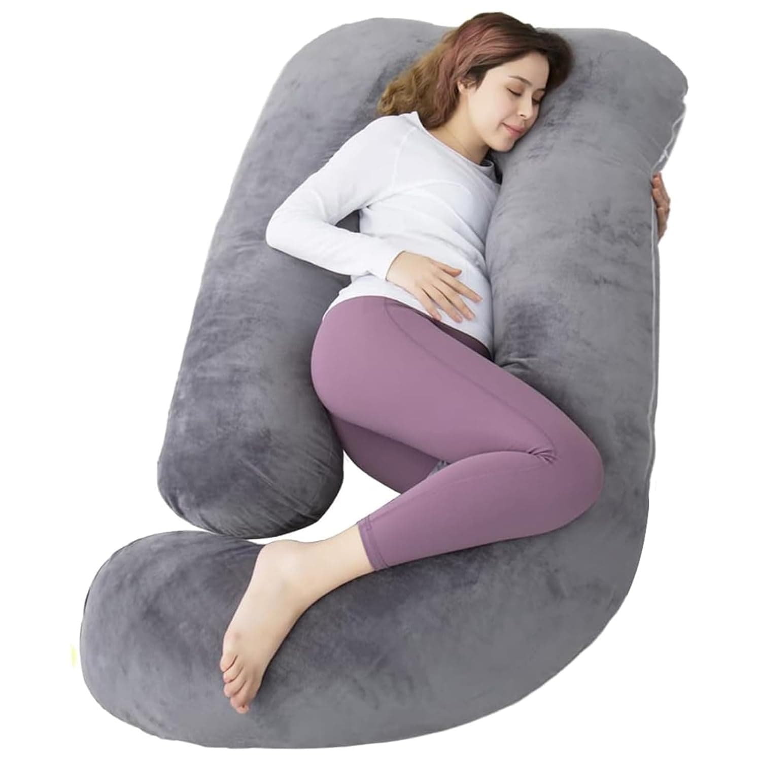 Yoawllty Pregnancy Pillow for sleeping, Grey G-Shaped Full Body Pillow and Maternity Support with Replaceable and Washable Velvet Cover