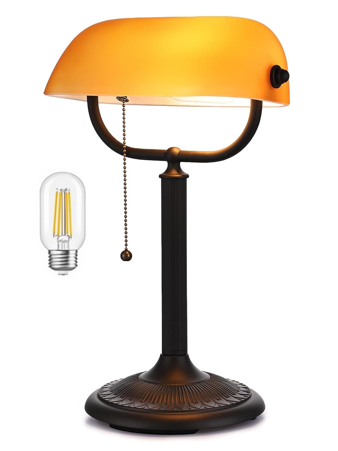 Bankers Desk Lamp with Antique Amber Frosted Glass Shade Quick Change in 1 Minute, Plug-in Fixture for Study, Office, Library, LED Bulb Included