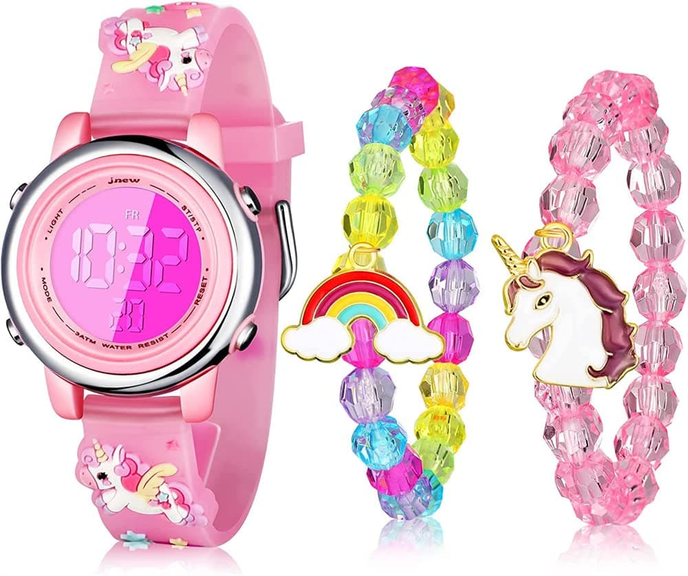 Kids Watches, Kids Unicorn Watch and Unicorn Bracelet, 3D Cartoon Waterproof 7 Color Lights Toddler Wrist Digital Watch with Alarm Stopwatch, Birthday Gift for 3-10 Year Girls (3 Pieces)