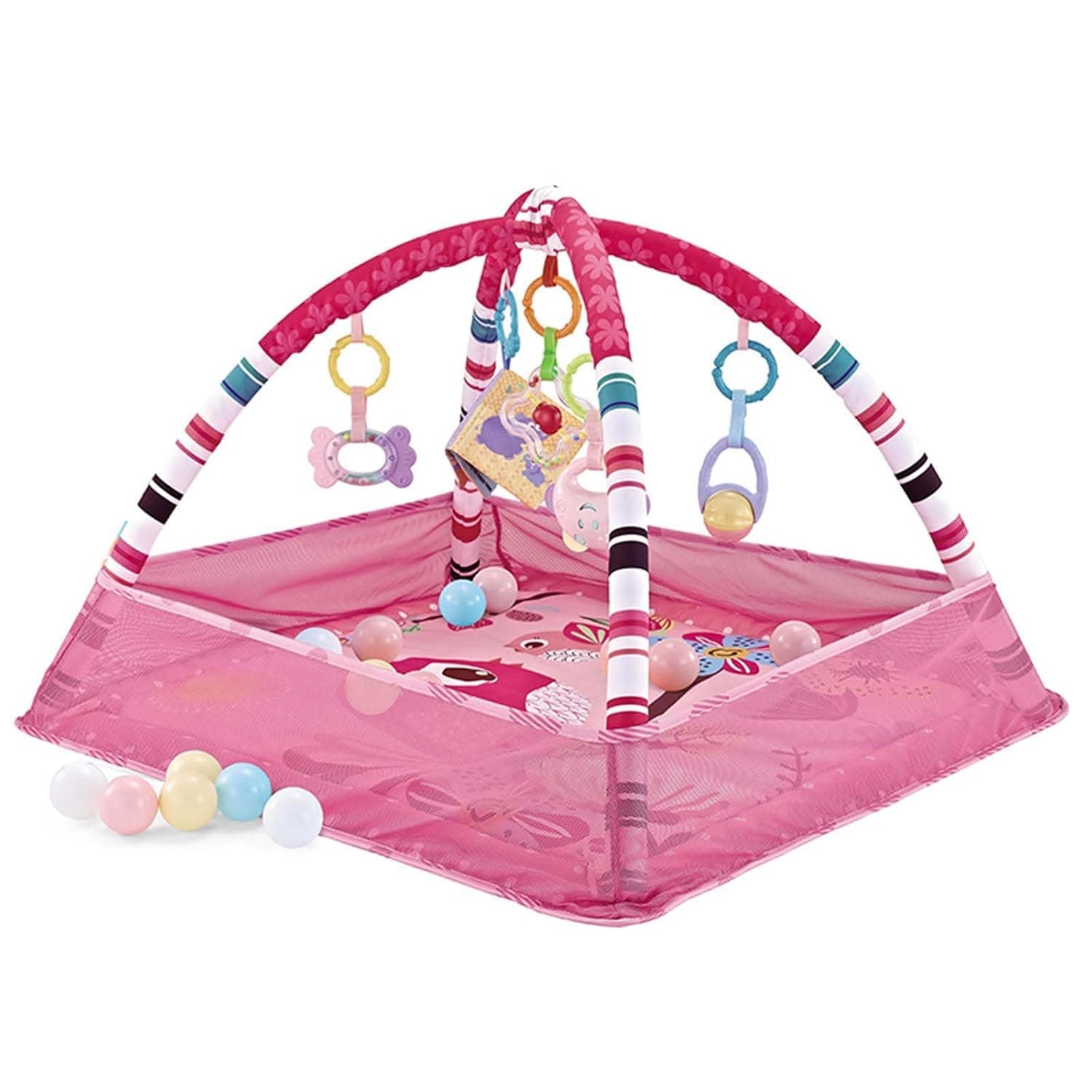 Baby Gym Play Mat, 8-in-1 Tummy Time Activity Mat & Ball Pit with 5 Hanging Toys and 18 Ocean Balls, Baby Toys Gift for Toddler Infant 0-3-6-9-12 Months (D)