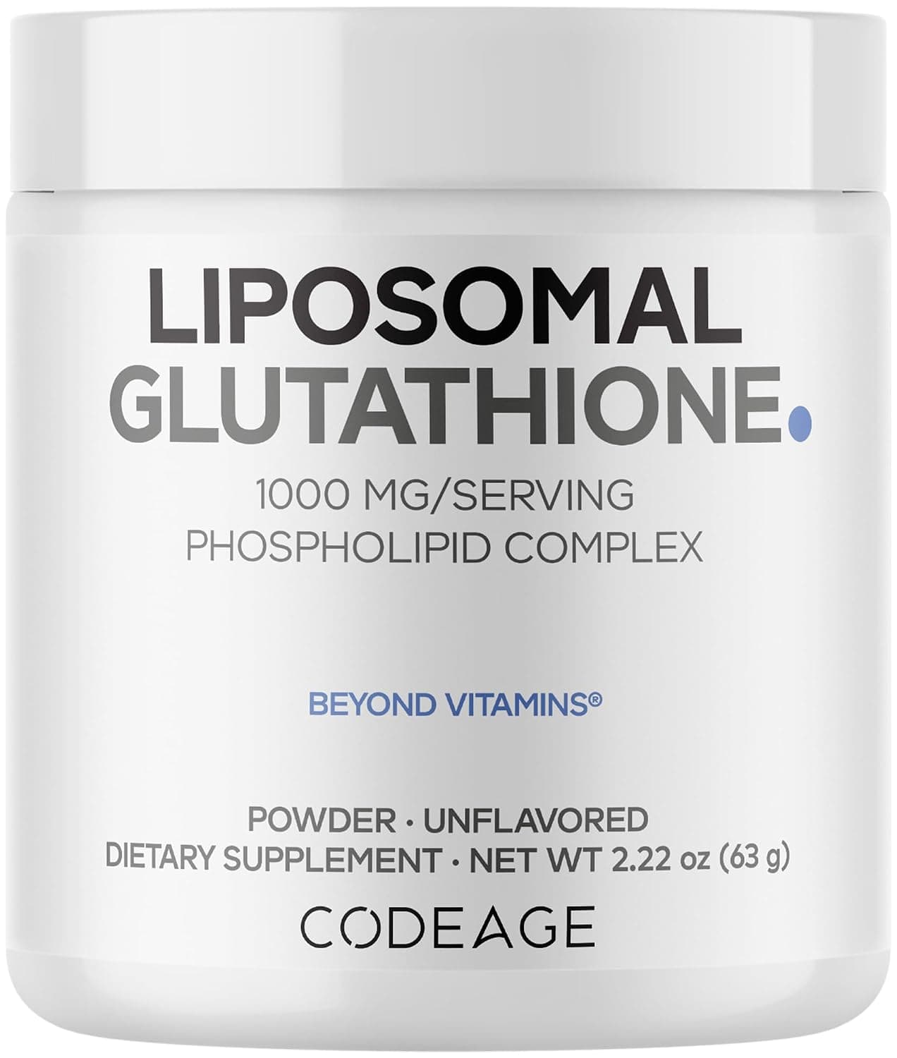 Codeage Liposomal Glutathione Powder - 1,000 mg L-Glutathione per Serving, Liposomal Delivery - 2-Month Supply - Vegan Reduced L-Glutathione - Unflavored - Phospholipid - Non-GMO Gluten-Free - 2.22 Oz | Reduced L-glutathione 1000mg, liposomal delivery from sunflower phospholipids. Unflavored. Two-month supply. Non-GMO.