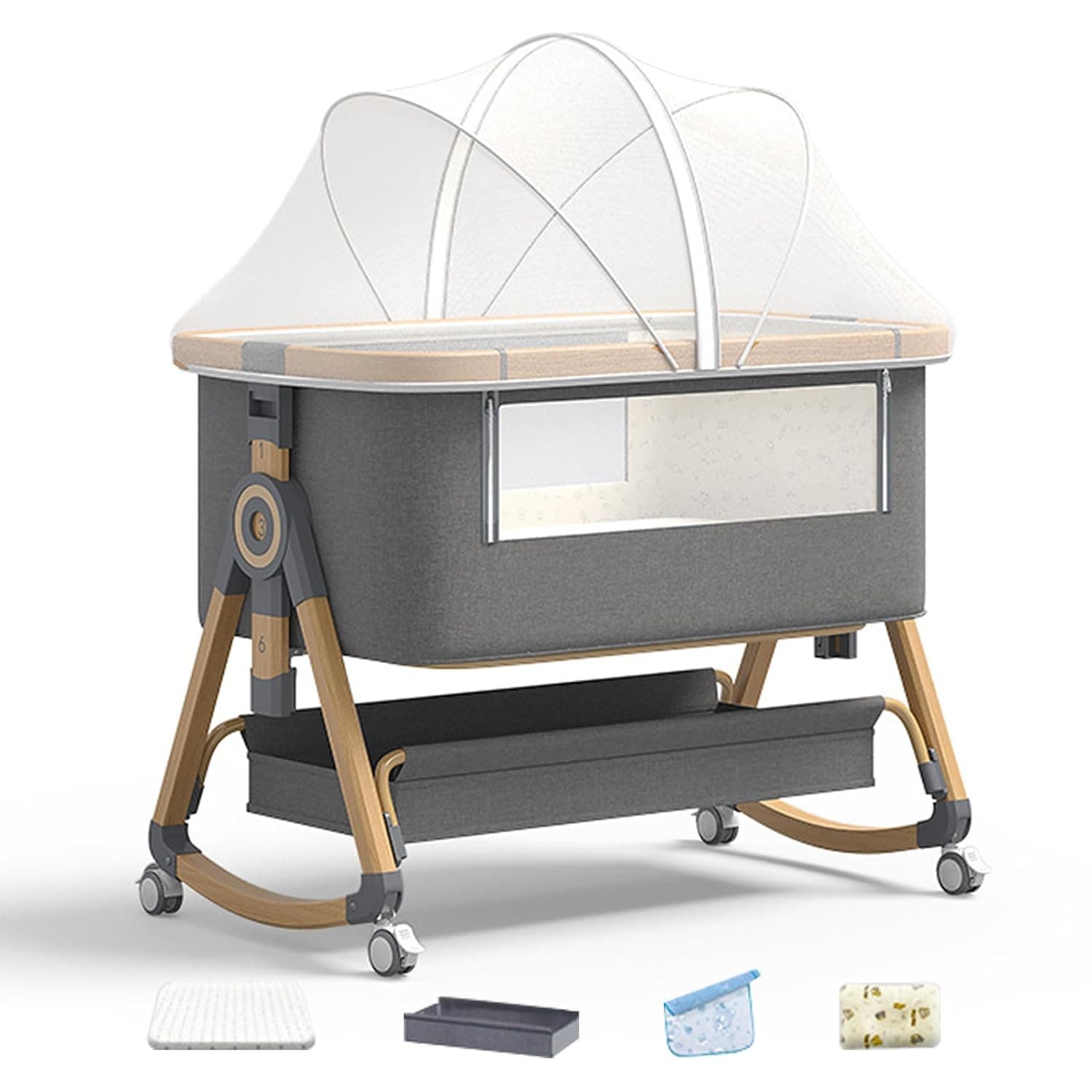 DMG Baby Bassinet, 4 in 1 Bedside Sleeper with Storage Basket and Wheels, Portable Baby Crib with Mosquito Net and Latex Mattress, Pillows and cooling mats,6 Adjustable Height and Breathable Mesh