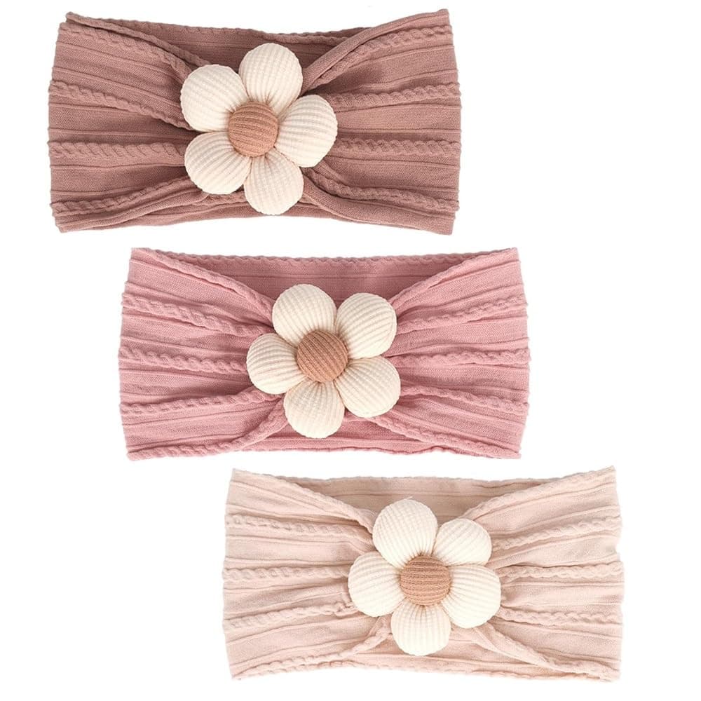 MIUXUESO 3 Pcs Baby Flower Headbands Baby Girls Nylon Headbands Soft Hairbands Hair Accessories for Newborn Infant Toddler Kids（Beige Pink Khaki）