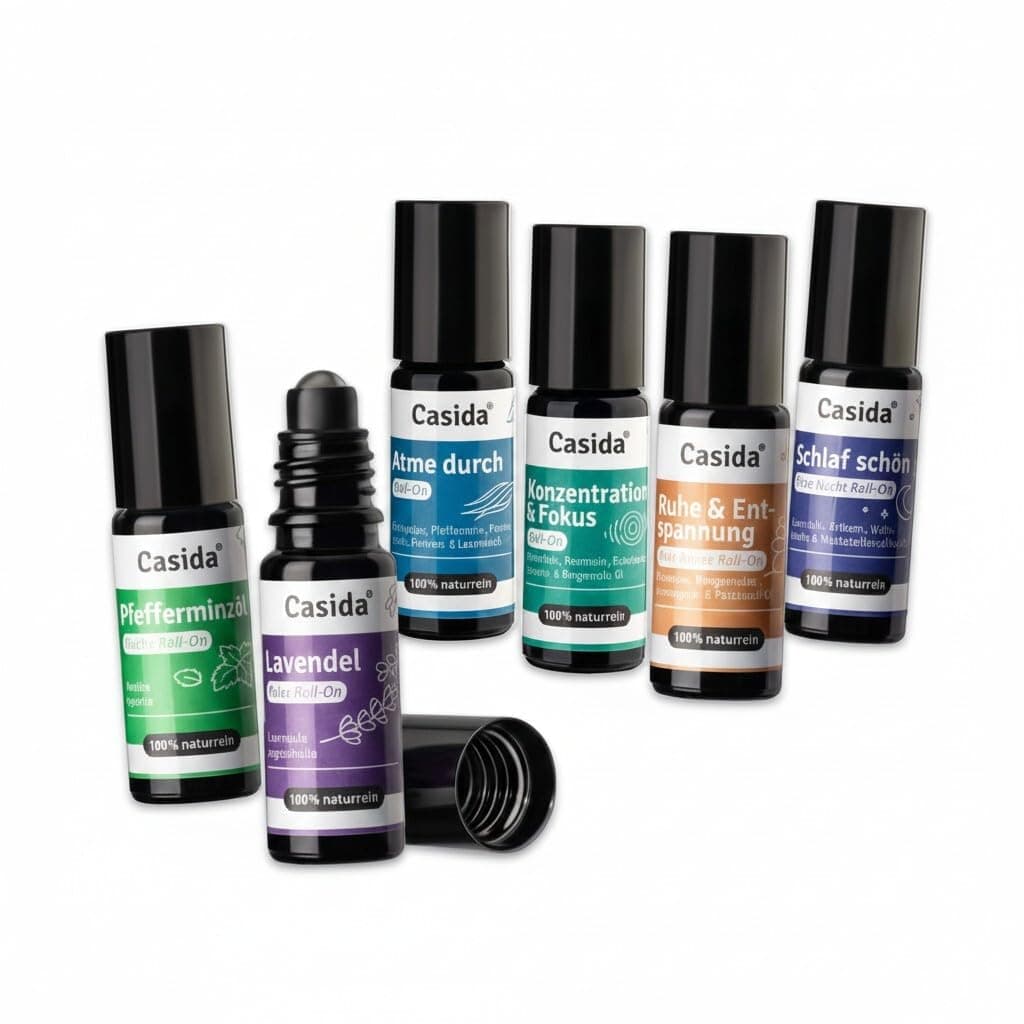 Casida Roll On Top 6 Set - 6 Fragrance Roll-Ons with Natural Essential Oils - Diluted with Coconut Oil Fragrance Oil, Aroma Oil - Ideal for Aromatherapy and Travel - 6 x 10 ml