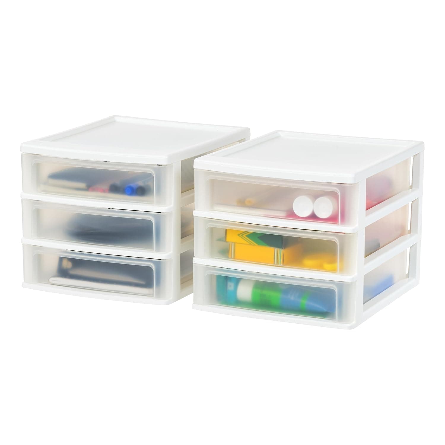 Iris Ohyama USA Medium 3-Drawer Desktop Organizer with Open Tray Top, 2 Pack, Plastic Drawer Storage Container for Stationery Art Craft Supplies, White
