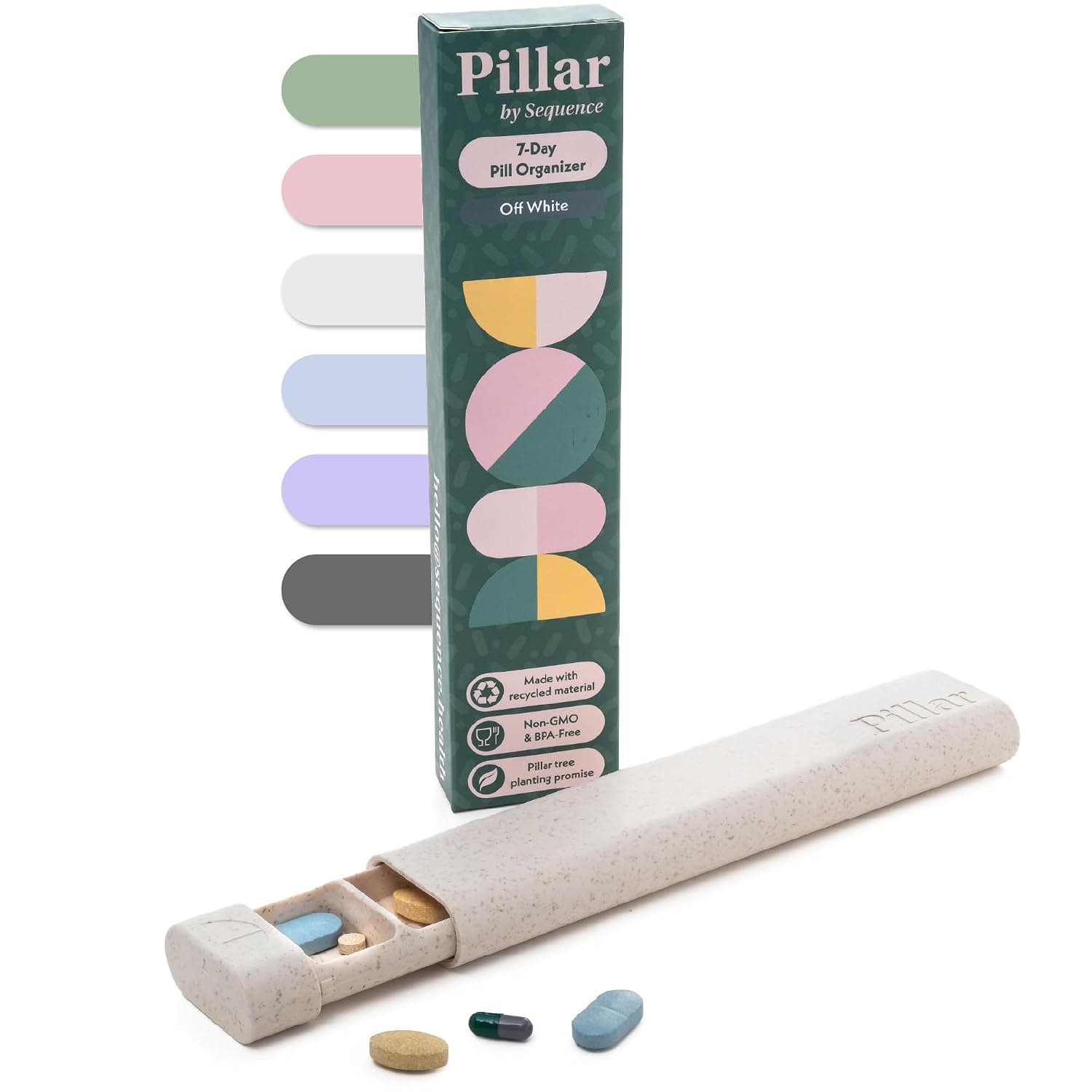 Pillar 7-Day Pill Box Organiser - Aesthetic Travel Pill Organiser | Perfect for daily use and travel, Off White, Beautiful compact design, Great as a vitamin and supplement organiser