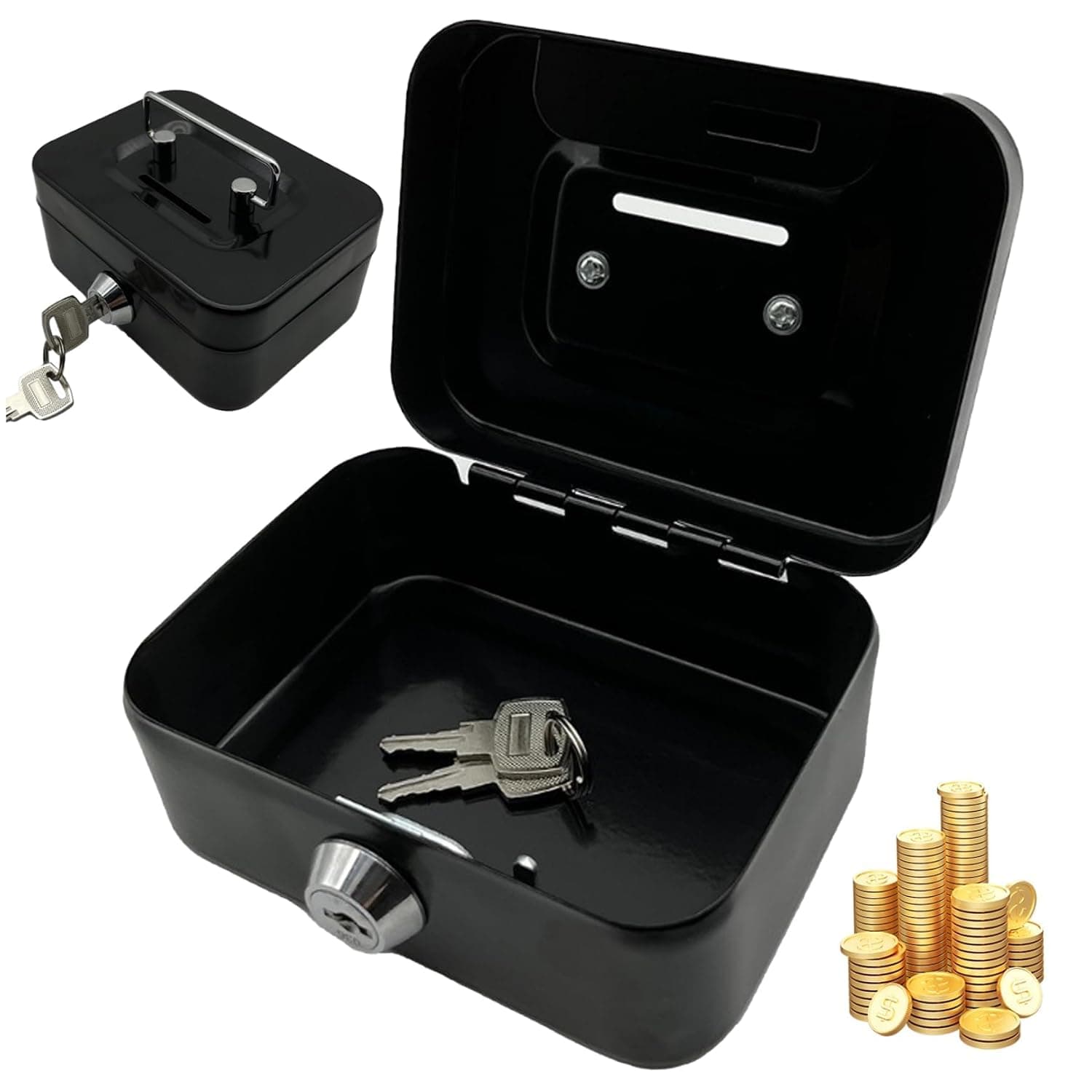 Bukela Cash Boxes with Keys 4.5 Inch Iron Lockable Money Box with Coin Slot Safe and Sturdy Petty Cash Tin Coin Small Lock Box with 2 Key CashBox for Kids Adults (Black)