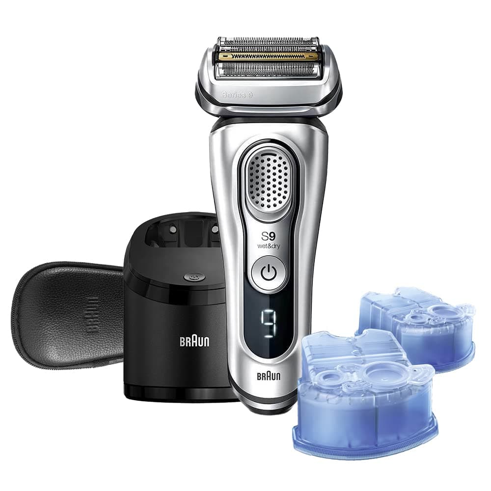 Braun Series 9 9390Cc Wet & Dry Electric Shaver Special Edition With Clean Charge Station Leather Travel Case + Ccr 2, Silver