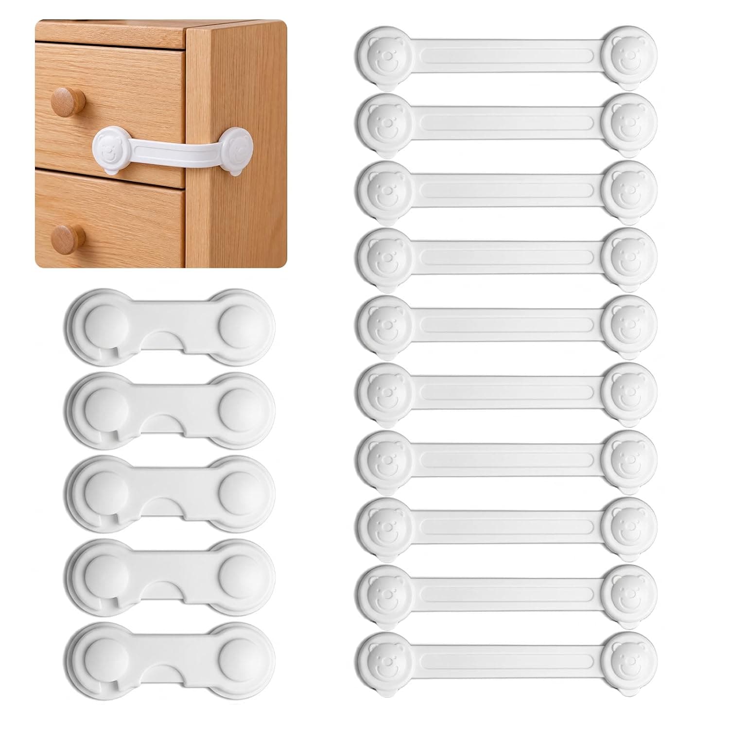 Pack of 15 Baby Cupboard Locks, White PP Child Lock Drawers, Adjustable Cabinet Lock for Fridge, Window Door Protection Set