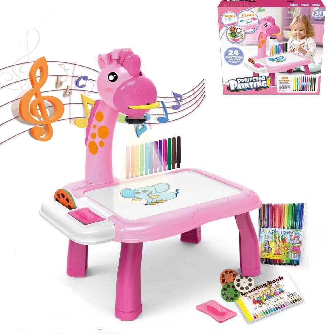 Soofam Drawing Projector, Arts and Crafts for Kids, Painting Table Toy Include Drawing Board and Color Pens,Painting Table Board Toy with Light & Music Educational Drawing Toys for Boys Girls (Pink)