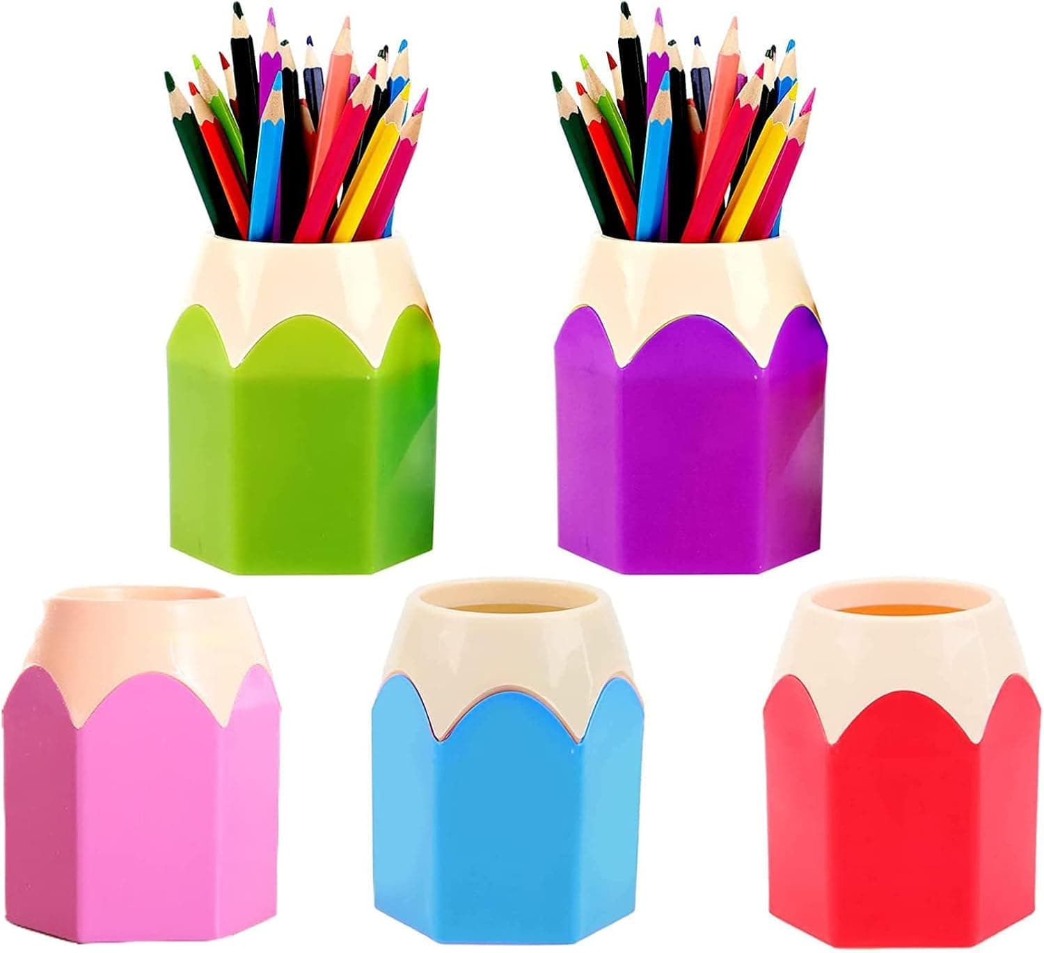 Tazweeq Pencil Shaped Pen Holders, 5 PCS Plastic Cute Stationery Desk Organizer, for Classroom Storage Home Office Decoration (Blue, Green, Pink, Purple, Red, 10.5 x 6.5 x 8.5 cm)