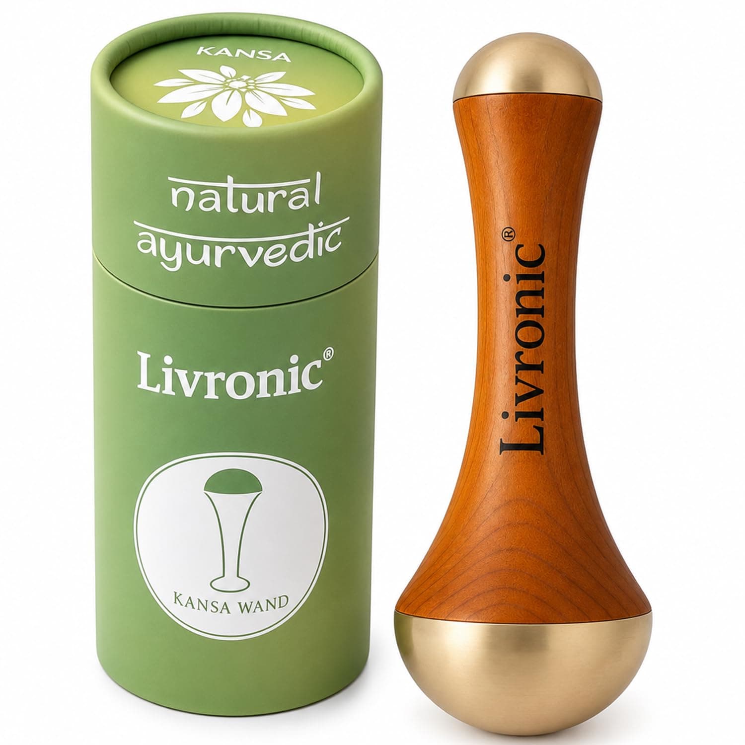 Livronic® Kansa Wand Face, Body & Foot Massager Foot Massager With Wooden Handle For Detoxification And Deep Relaxation (KANSA WAND 2IN1 NATURAL PLAIN)