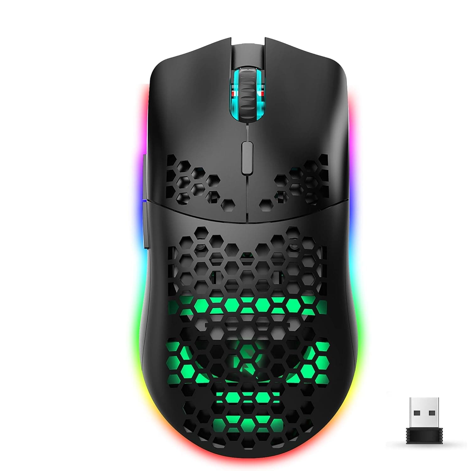 روك بو ماوس العاب لاسلكي بتصميم خلية نحل خفيف الوزن وقابل لاعادة الشحن بـ6 ازرار قابلة للبرمجة و4 سرعات DPI قابلة للتعديل واضاءة خلفية RGB للابتوب والكمبيوتر وماك