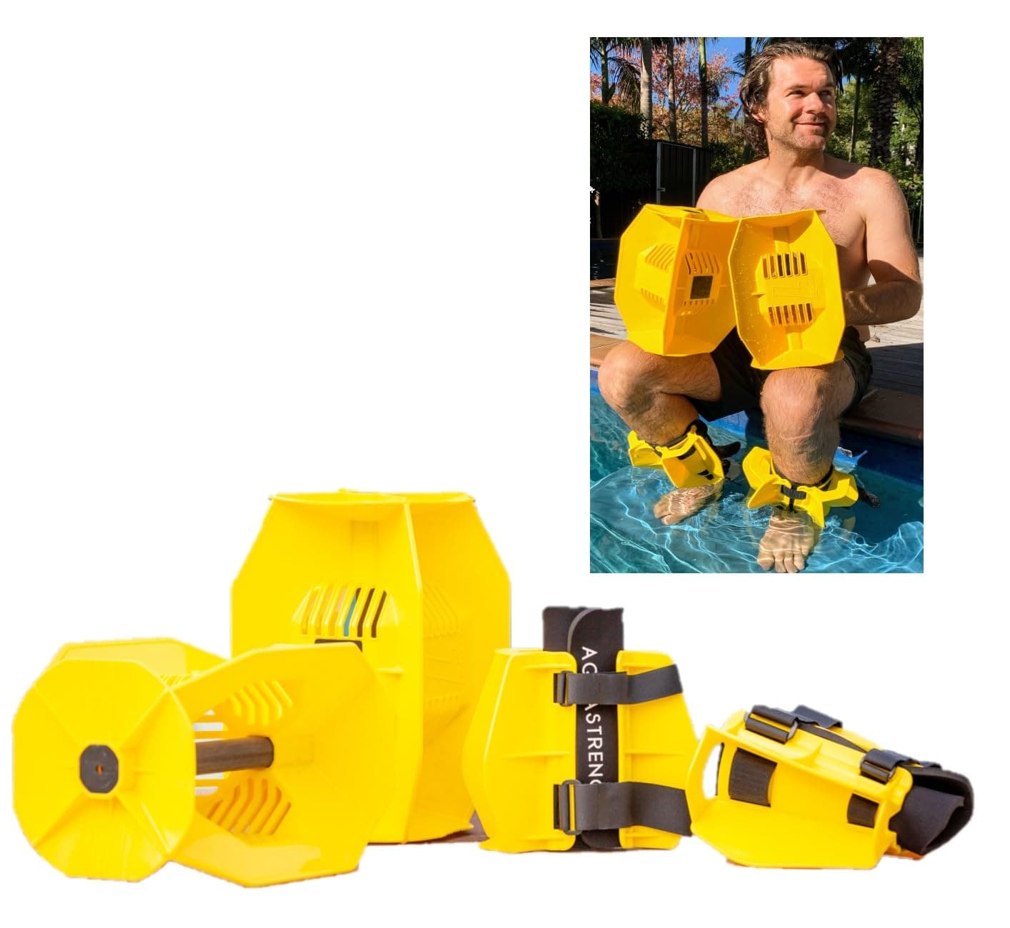 Aquastrength Hydro-Tone Total Body Pool Exercise System, Isokinetic Functional Water Weights, Bells 12" x 7.5", Fins 6.5" x 2.5", Quick Start Guide Included, Yellow